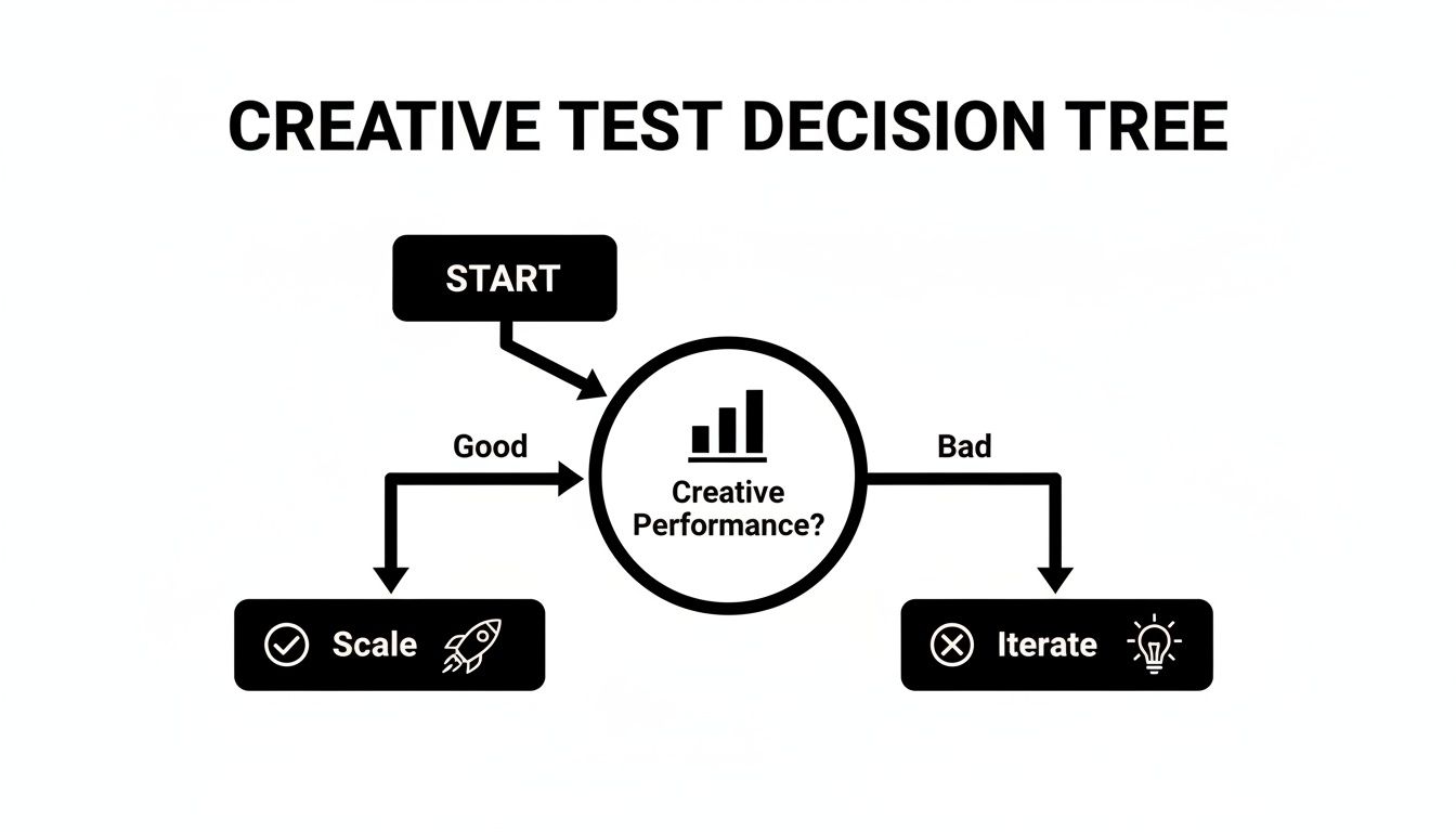 A creative test decision tree flowchart for evaluating creative performance: if good, scale; if bad, iterate.