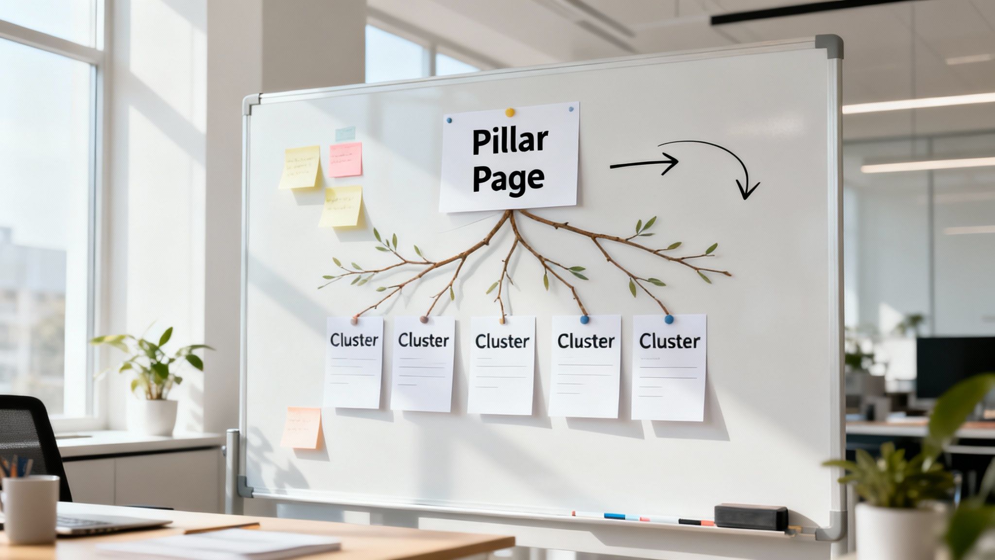 Whiteboard illustrating a content strategy with 'Pillar Page' connected by branches to five 'Cluster' topics.