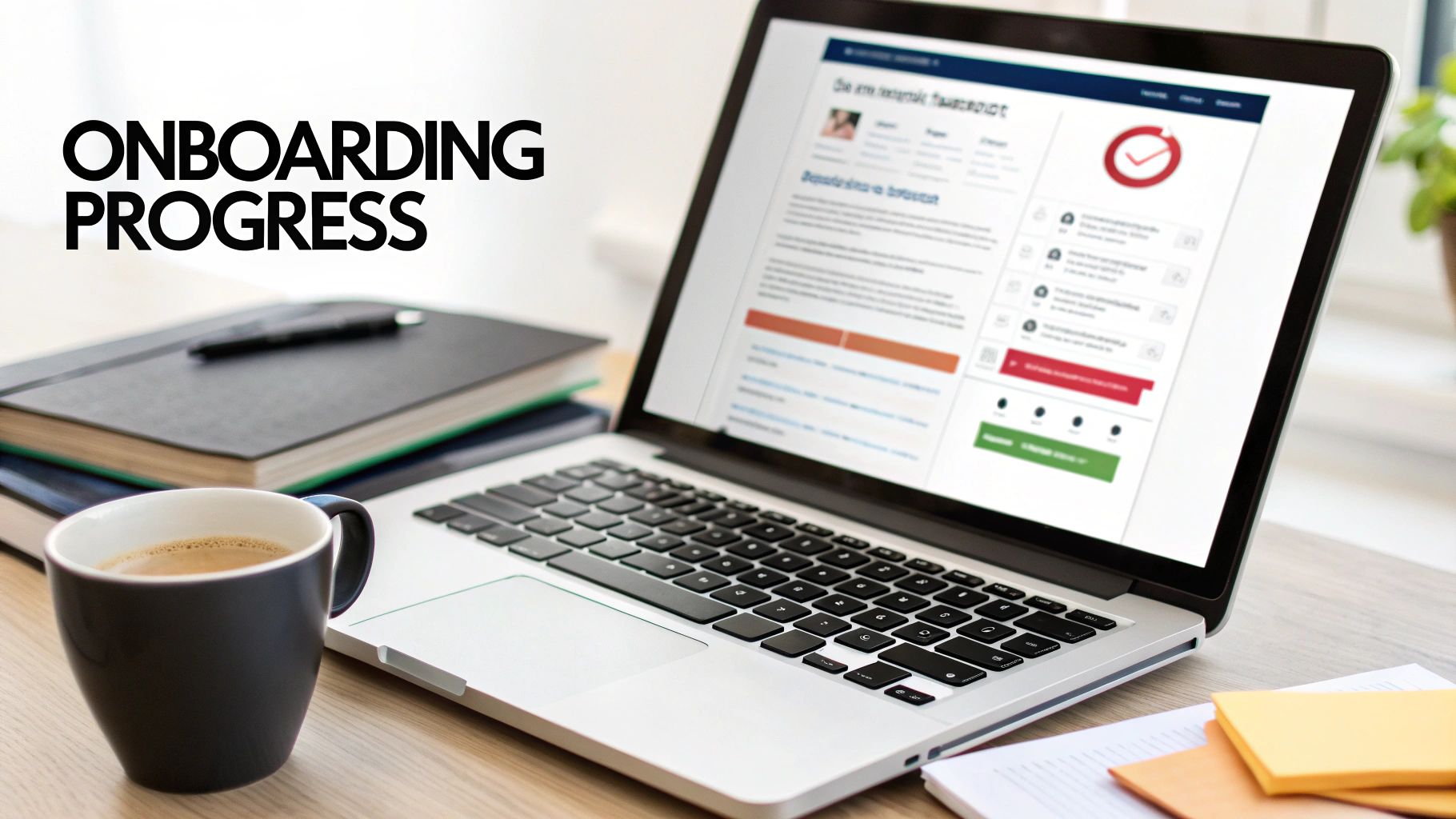 Laptop displaying an 'Onboarding Progress' screen, coffee, and notebooks on a work desk.