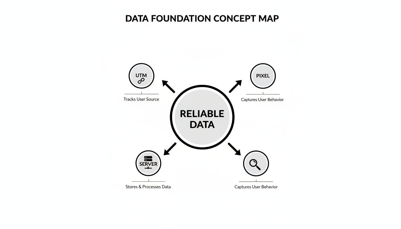 Concept map illustrating reliable data foundation components: UTM, Pixel, Server, and user behavior tracking.