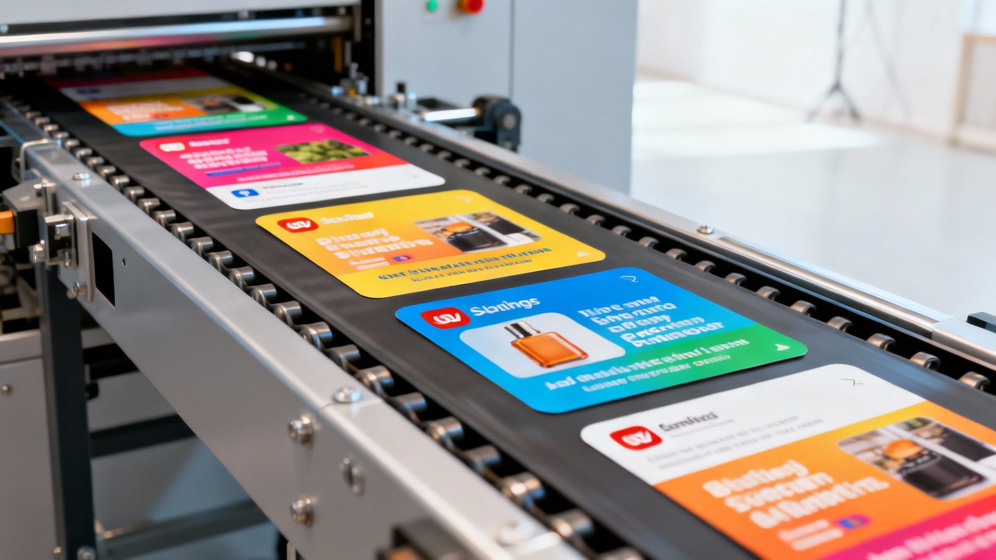 Close-up of a printing machine with colorful ad creatives moving on a black conveyor belt.