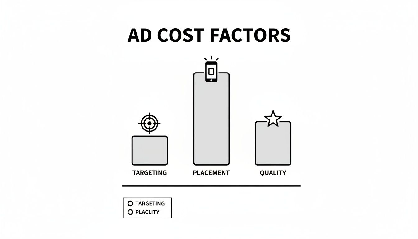 Infographic illustrating ad cost factors: targeting, placement (highest), and quality, with respective icons.