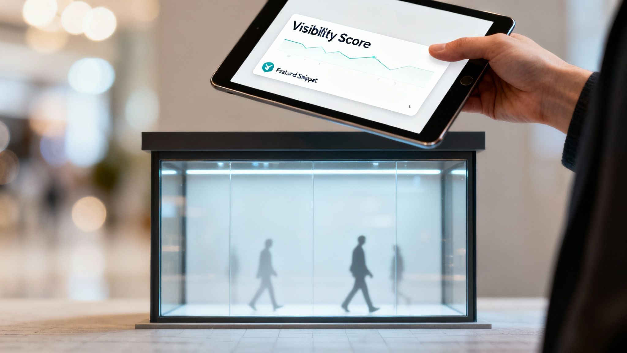 A hand holds a tablet displaying a 'Visibility Score' graph above a model building with walking silhouettes.