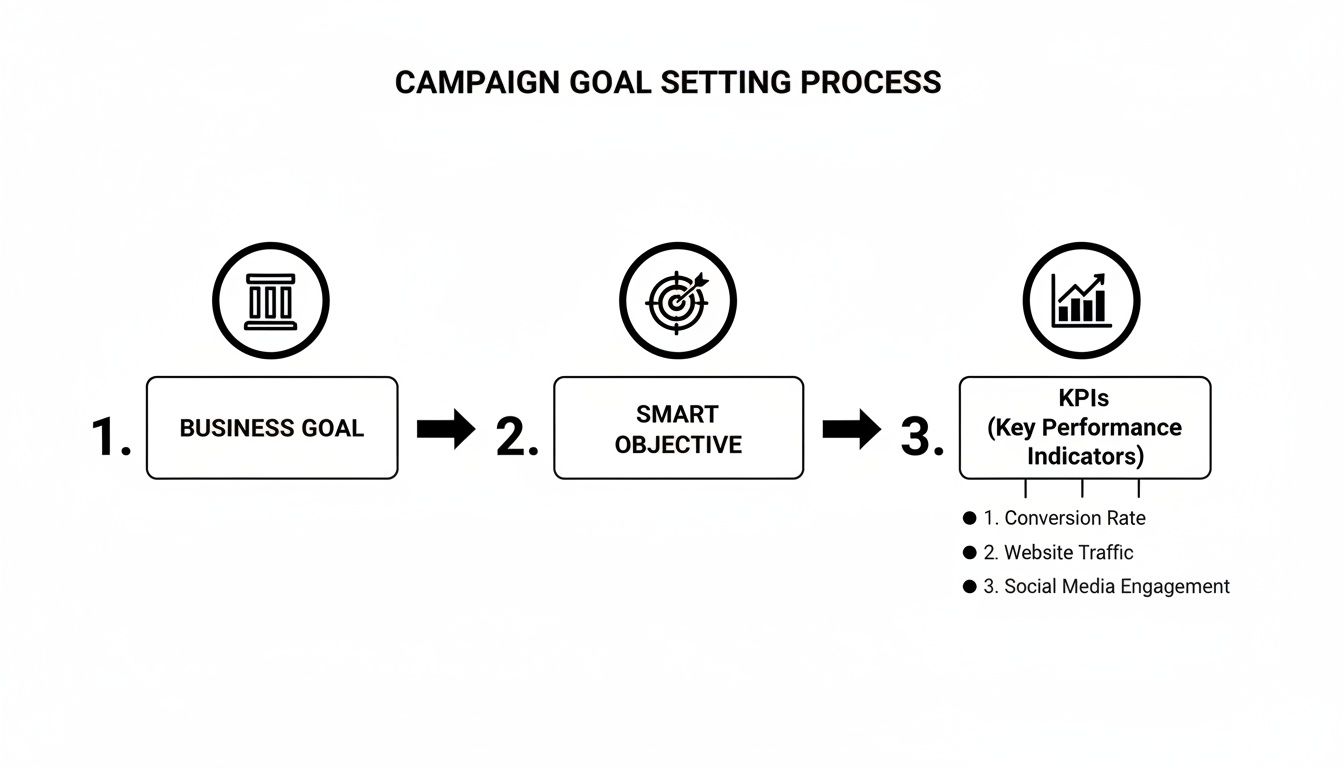 Flowchart illustrating the campaign goal setting process with steps from business goals to KPIs.