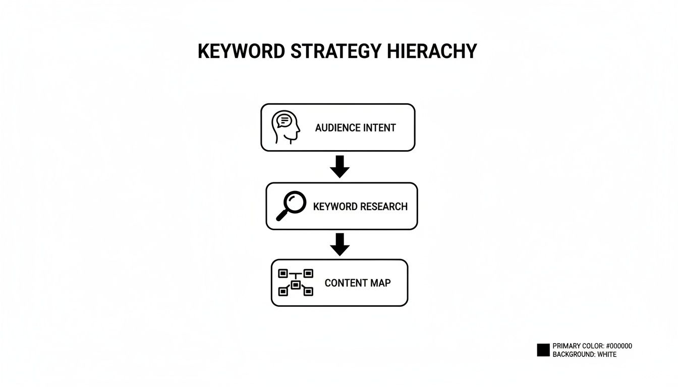 A flowchart showing the Keyword Strategy Hierarchy with steps: Audience Intent, Keyword Research, and Content Map.