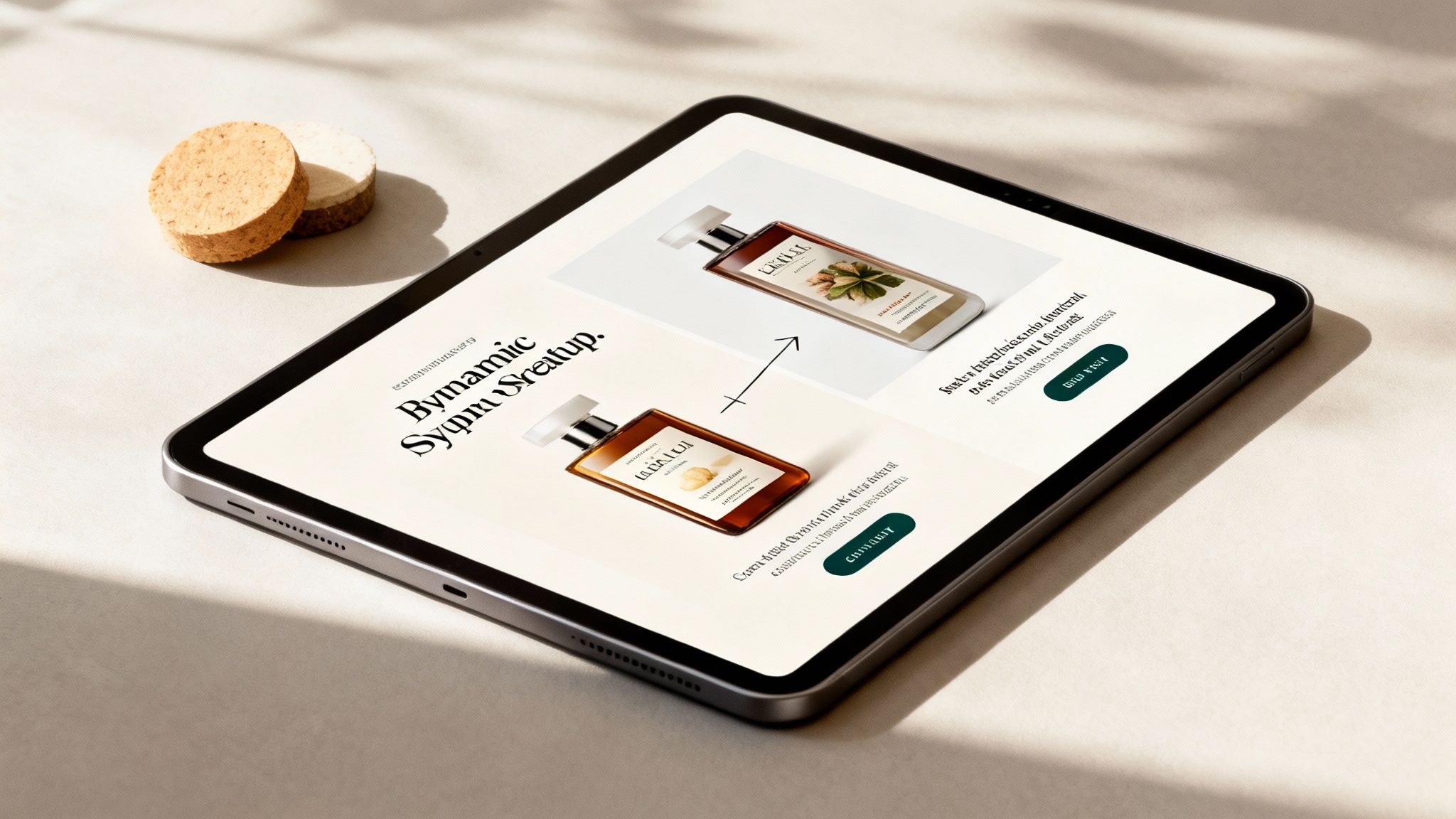 A tablet on a light surface displays a website with two product bottles, next to two cork coasters.