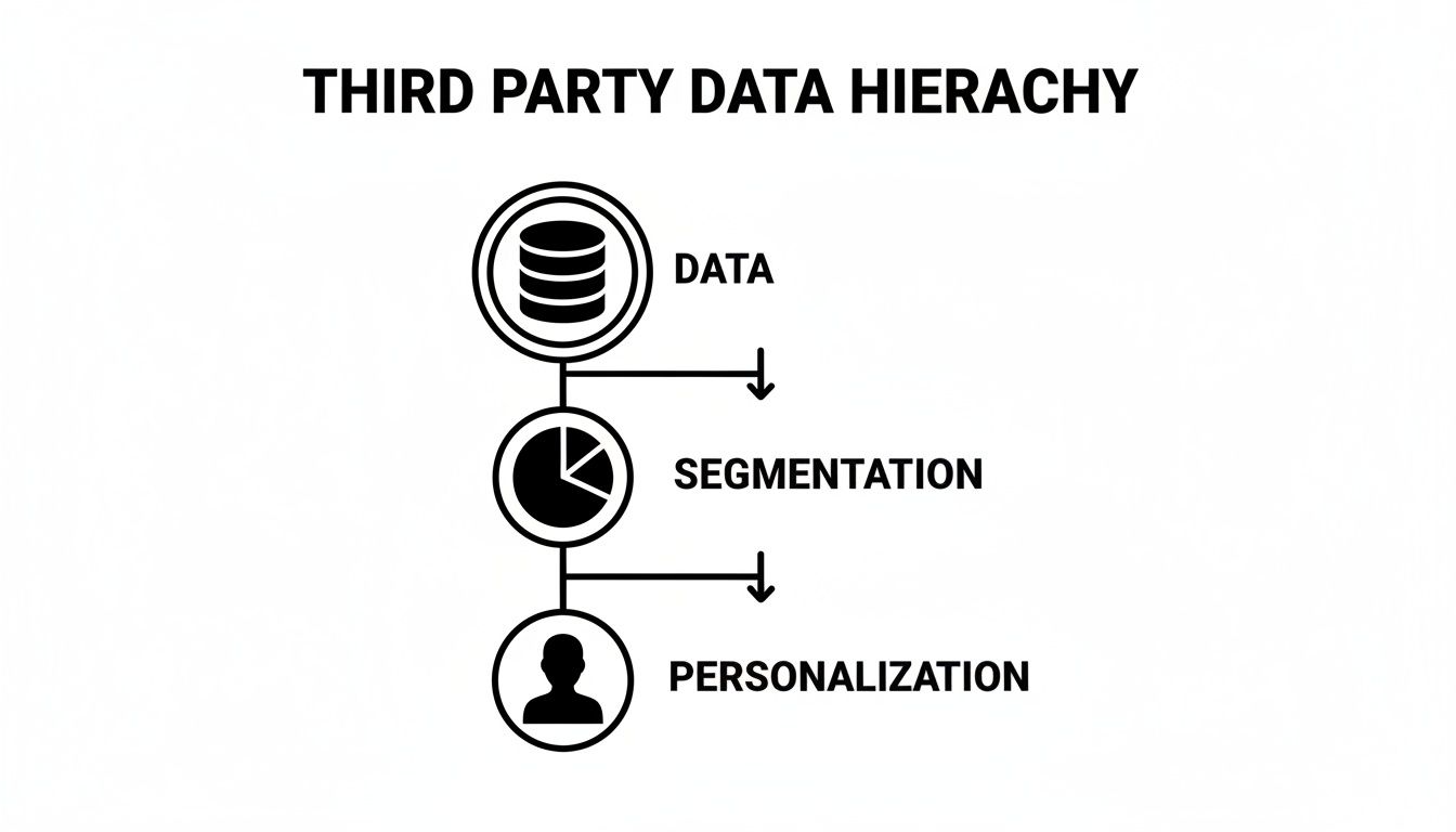 Diagram showing the third-party data hierarchy: data, segmentation, and personalization steps with icons.