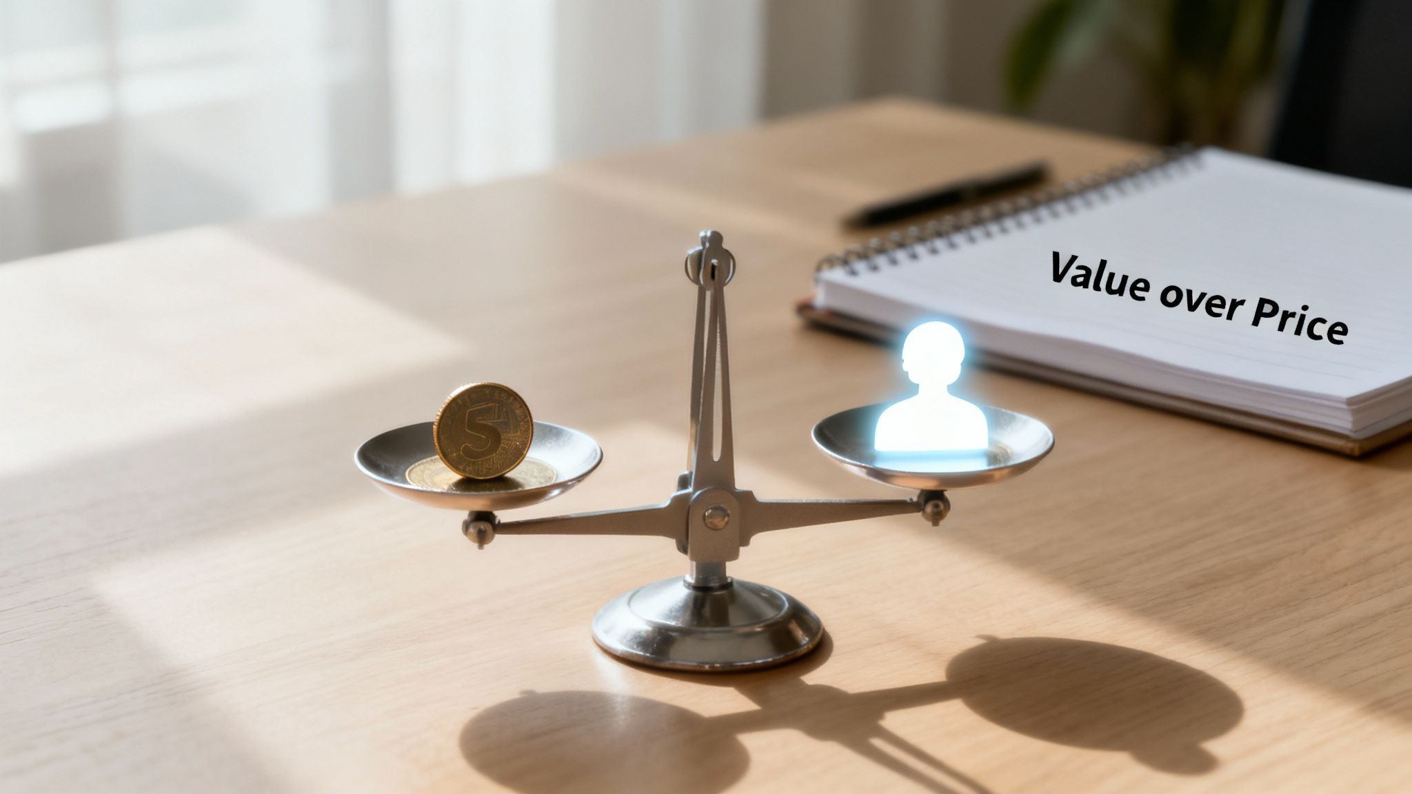 Scales balancing coins with a glowing human icon, next to a notebook saying 'Value over Price' on a wooden desk.