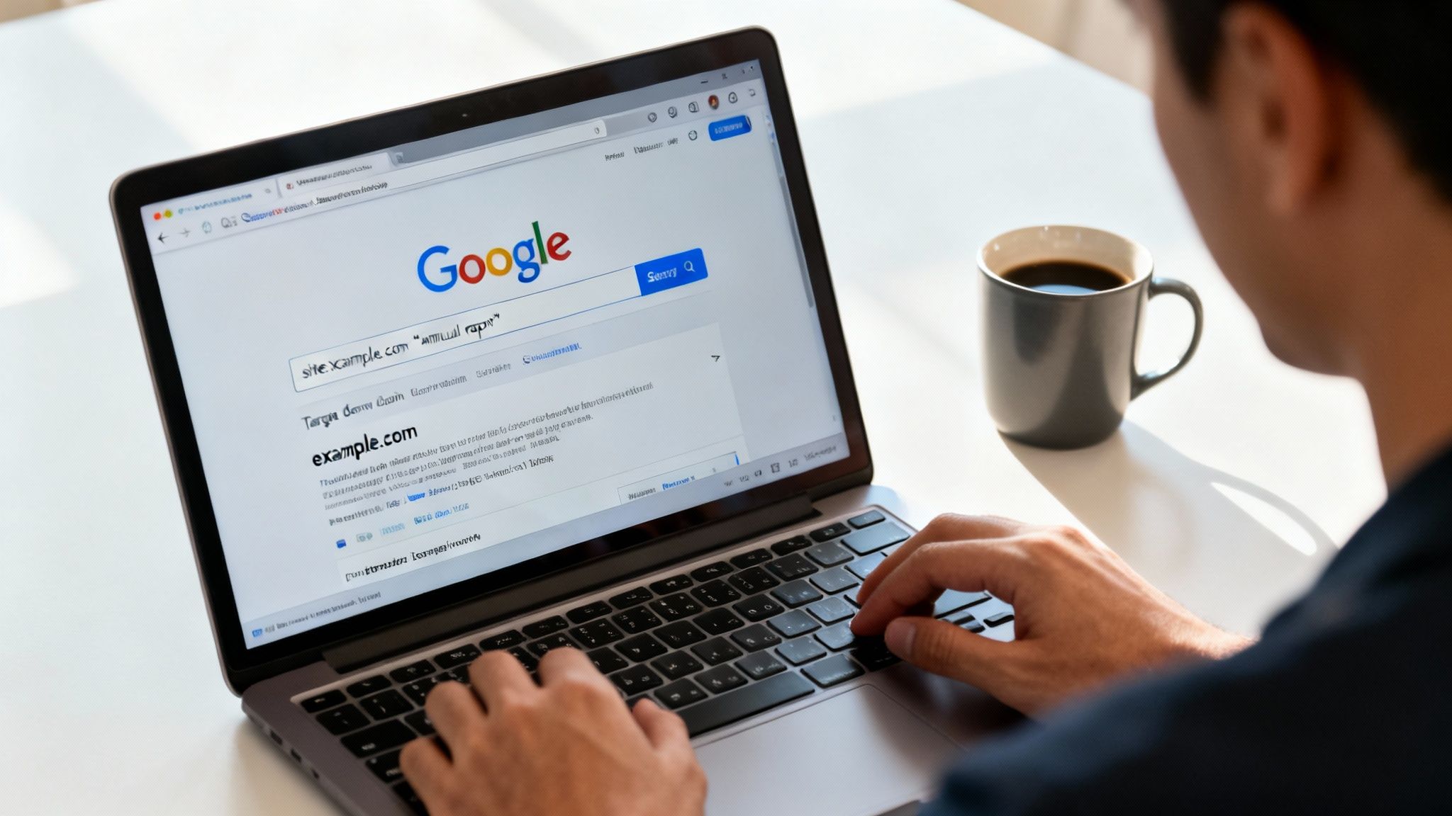 A person typing on a laptop, searching Google for a specific website with a coffee mug nearby.