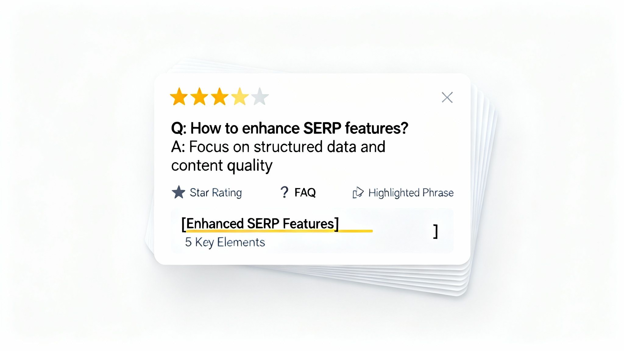A featured snippet card with a question 'How to enhance SERP features?' and a 3.5-star rating.