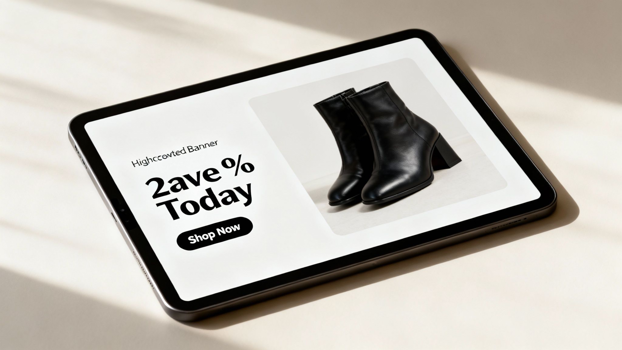 A tablet displays a fashion ad banner featuring stylish black ankle boots and a 'Save % Today, Shop Now' button.