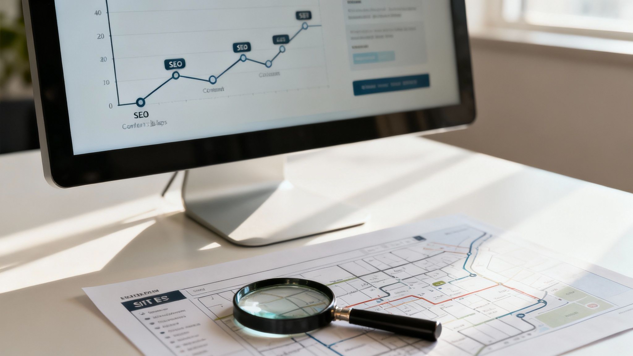 A magnifying glass hovering over puzzle pieces, symbolizing the search for missing content gaps.