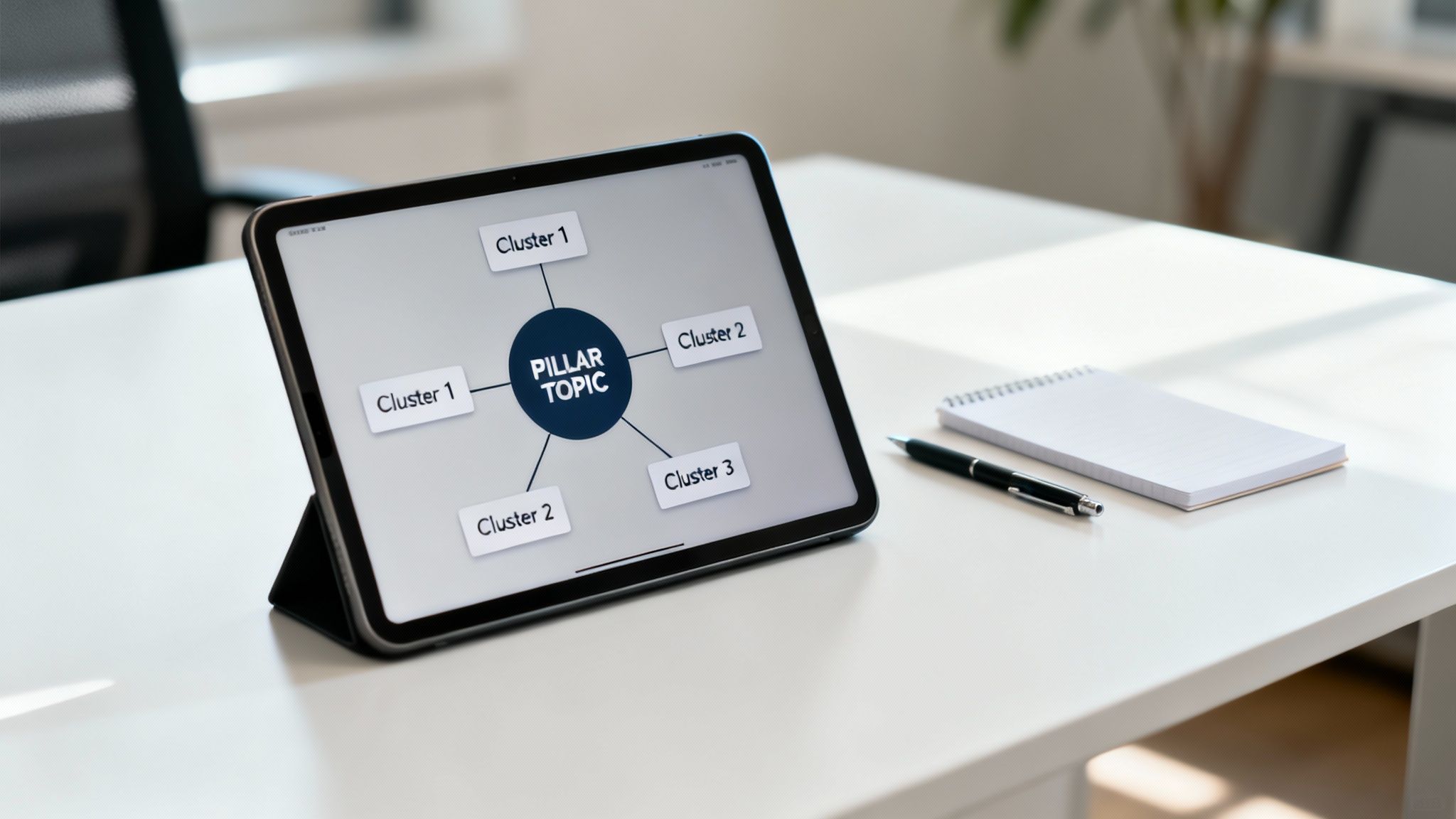 Tablet on a white desk displays a 'Pillar Topic' mind map, flanked by a notepad and pen.