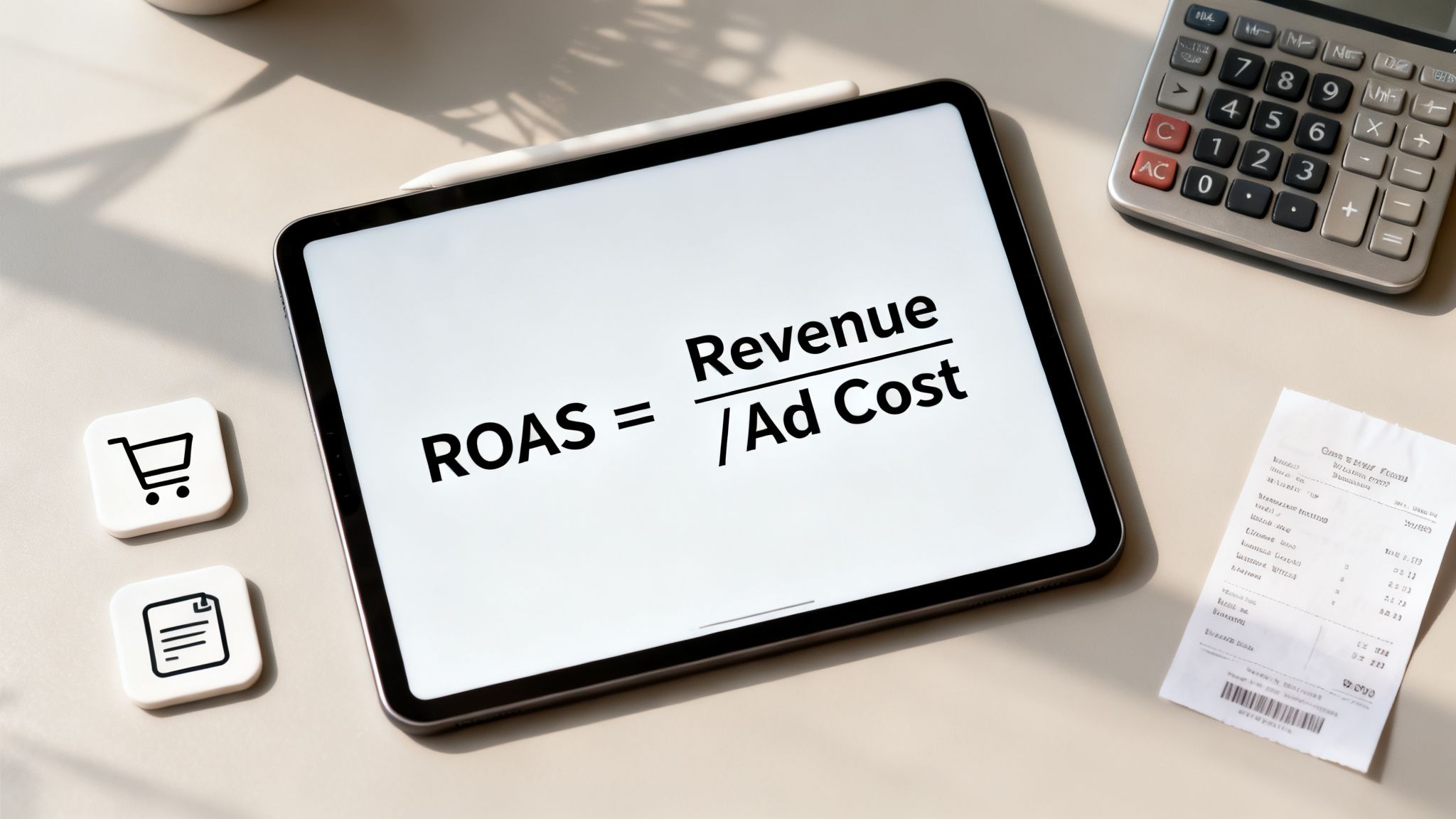 A tablet displaying the ROAS formula: Revenue divided by Ad Cost, with a calculator and receipt.