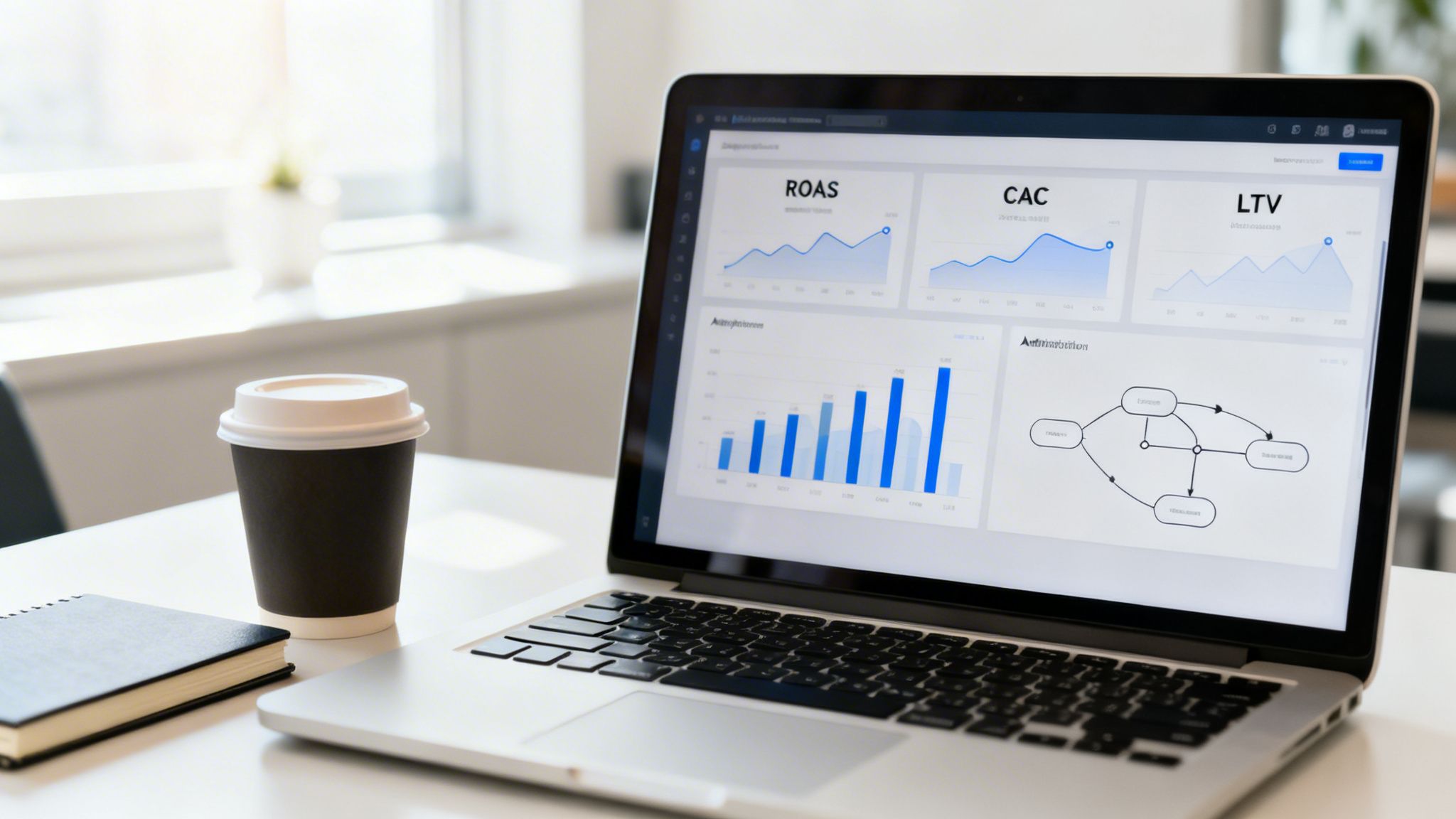 A laptop on a desk displaying a marketing analytics dashboard with ROAS, CAC, LTV graphs, alongside a coffee cup and notebook.