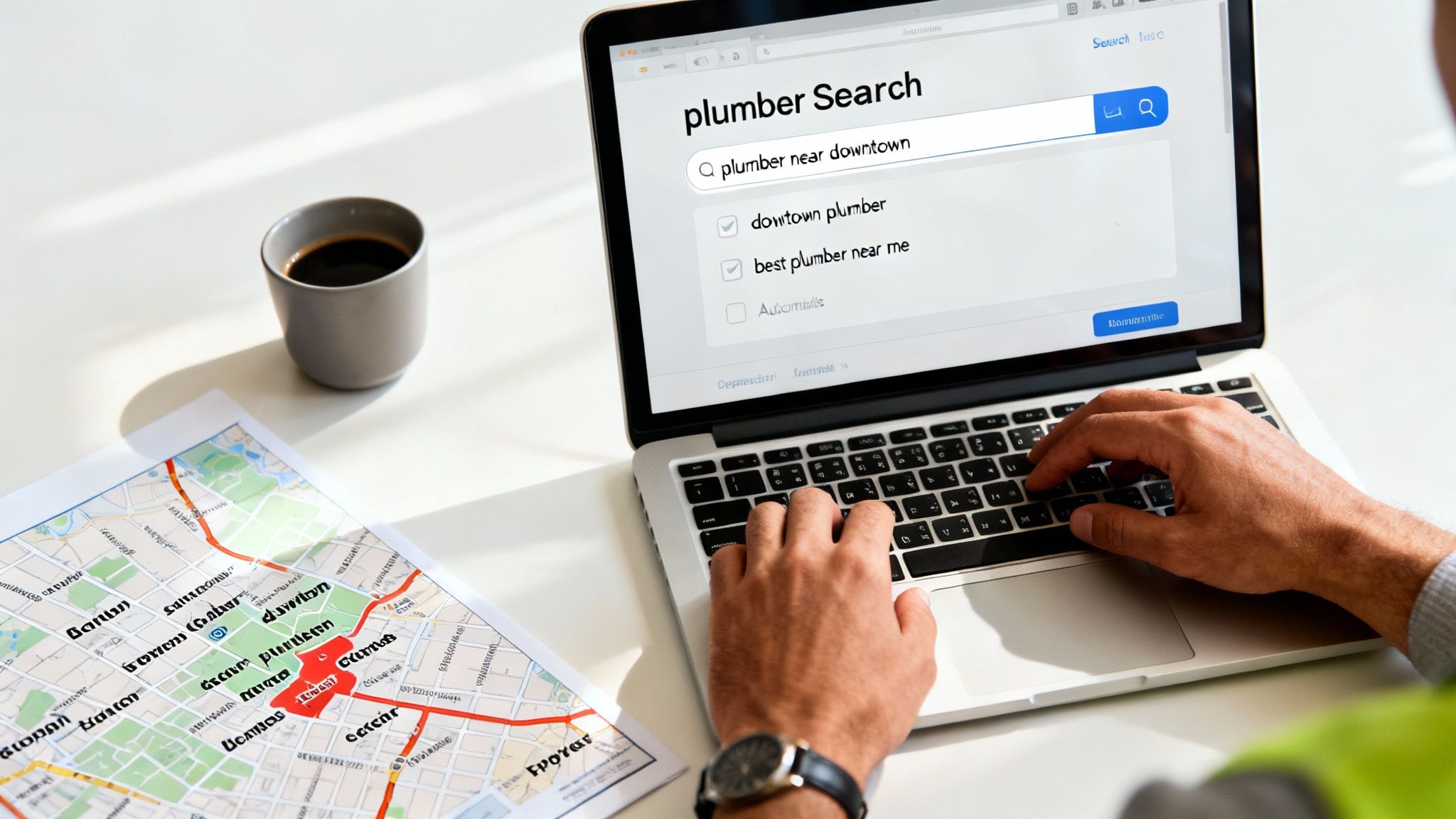 Person searching for local plumbers near downtown on a laptop, with a map and coffee.