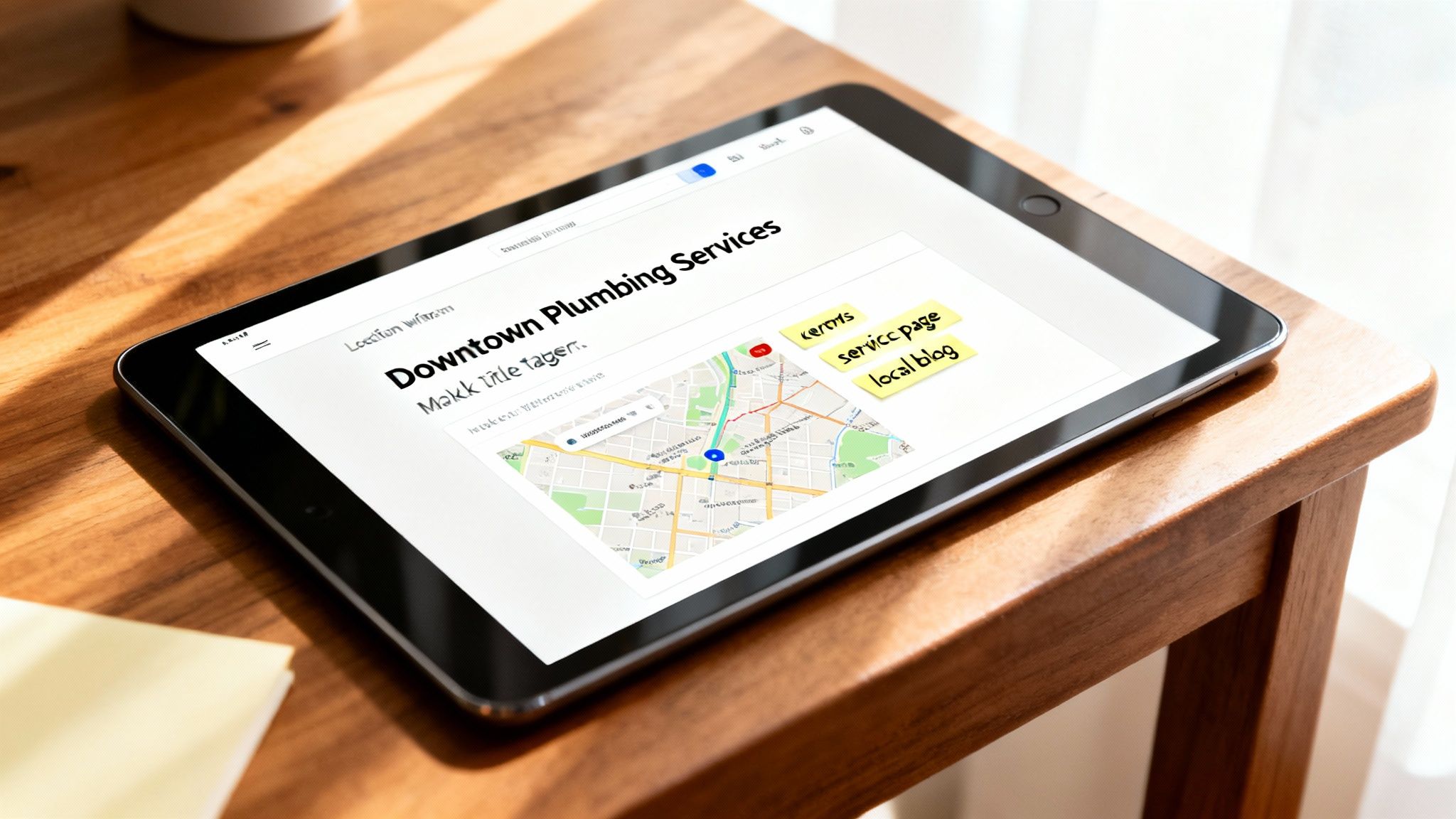 A tablet on a wooden table displays a webpage titled 'Downtown Plumbing Services' with a map and notes.