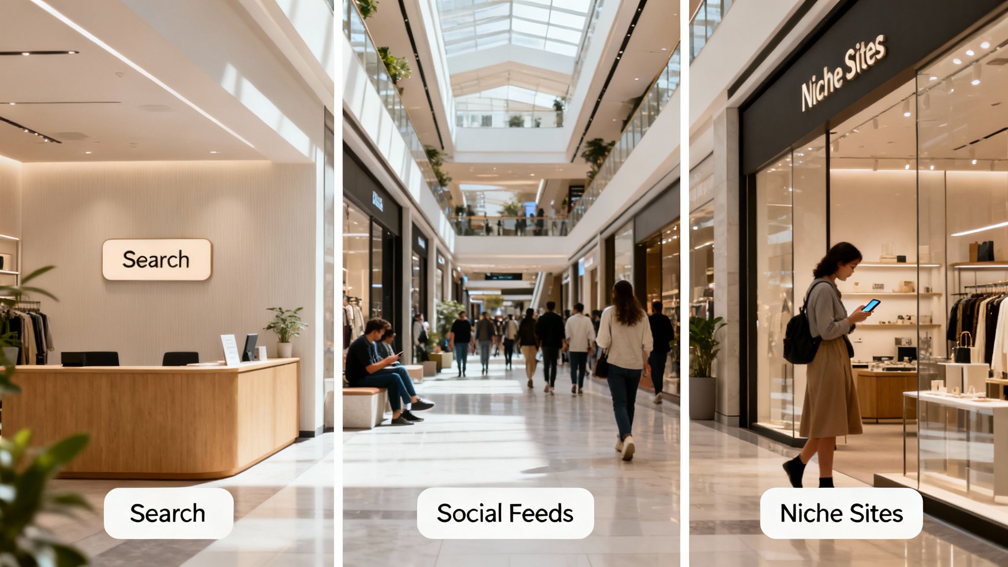 Three images in a modern shopping mall illustrating different online discovery methods labeled 'Search,' 'Social Feeds,' and 'Niche Sites.'