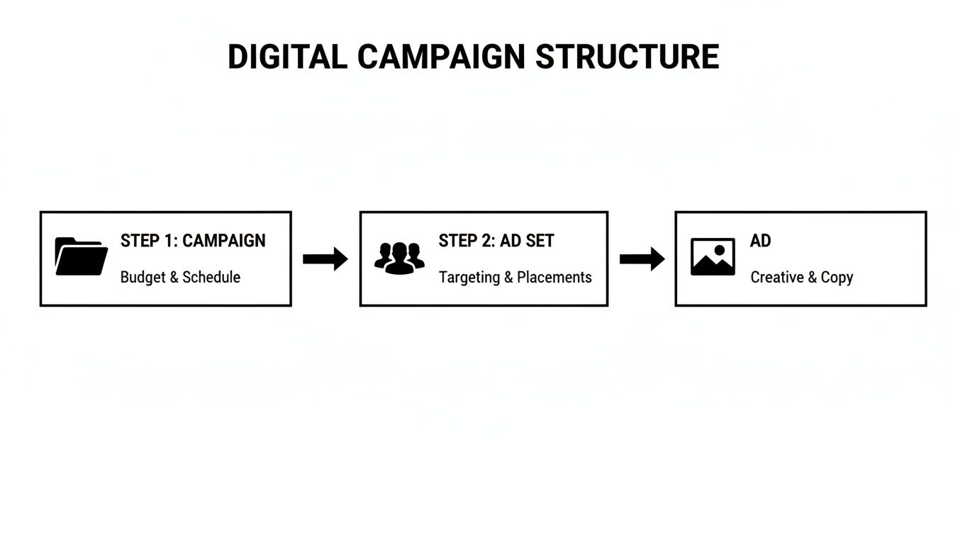 Flowchart illustrating the three-step digital campaign structure: campaign, ad set, and ad details.