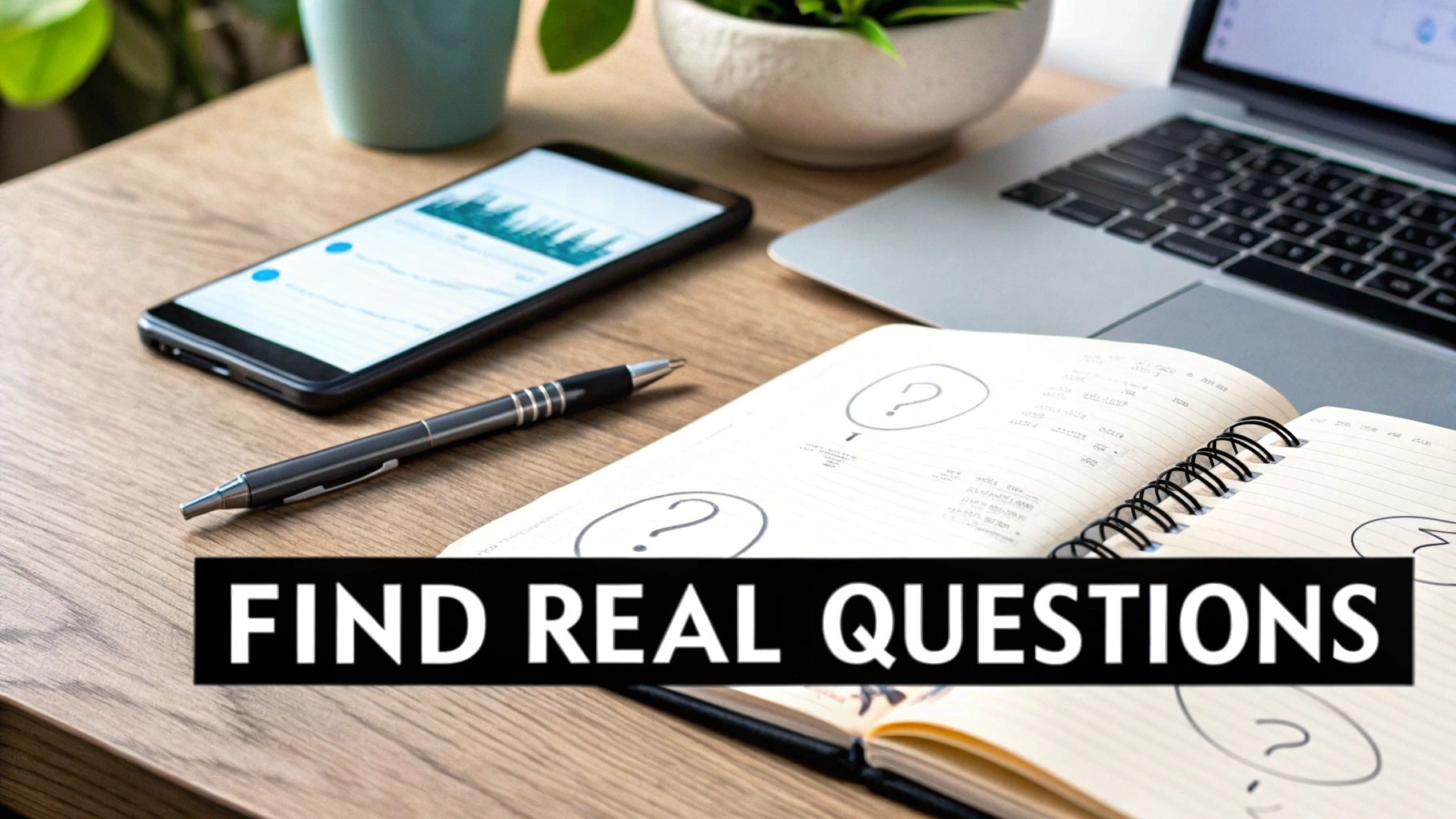 A desk setup with a laptop, smartphone, pen, and an open notebook with hand-drawn question marks.