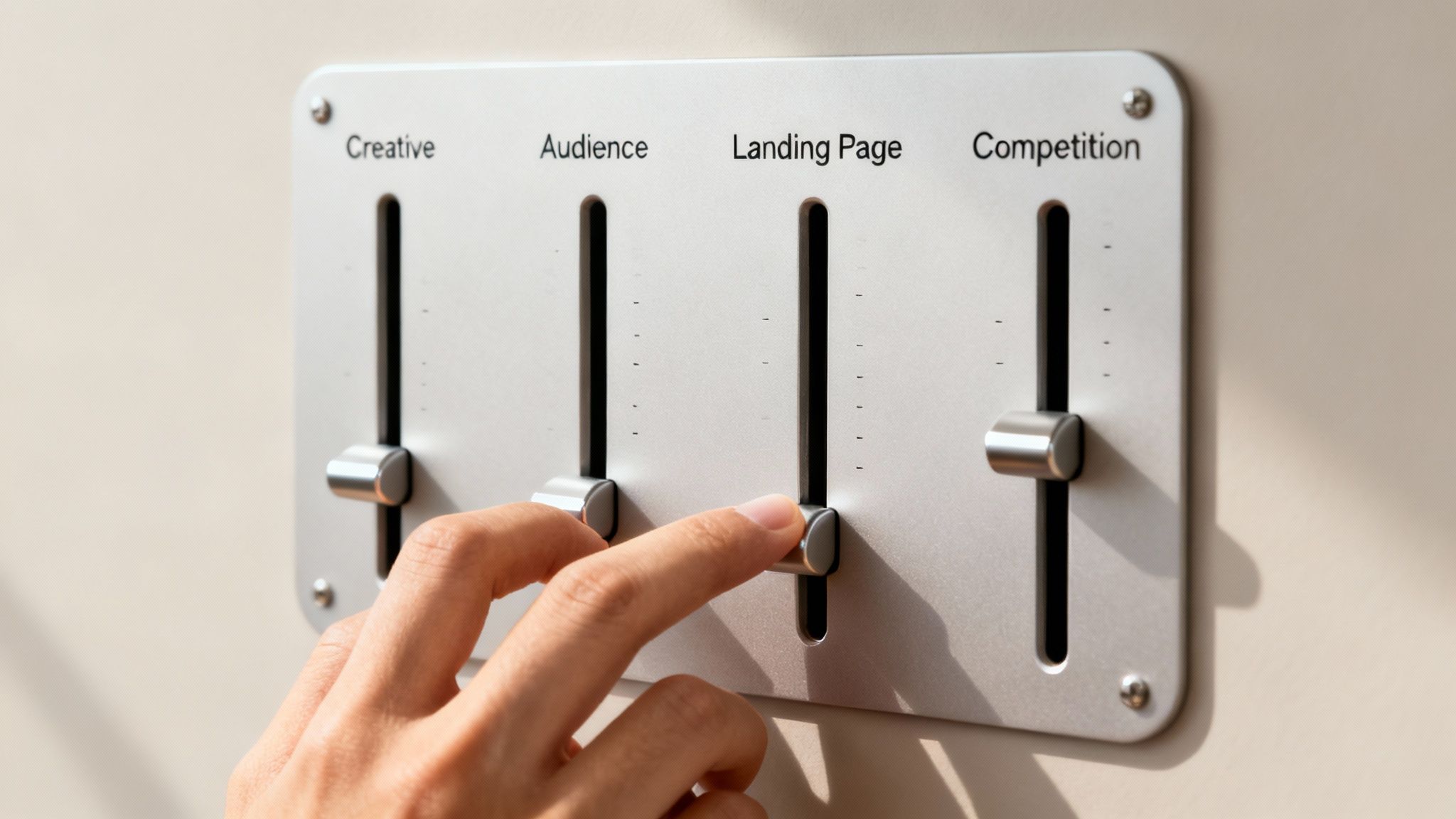 A person's hand adjusts a 'Landing Page' slider on a panel with 'Creative', 'Audience', and 'Competition' controls.