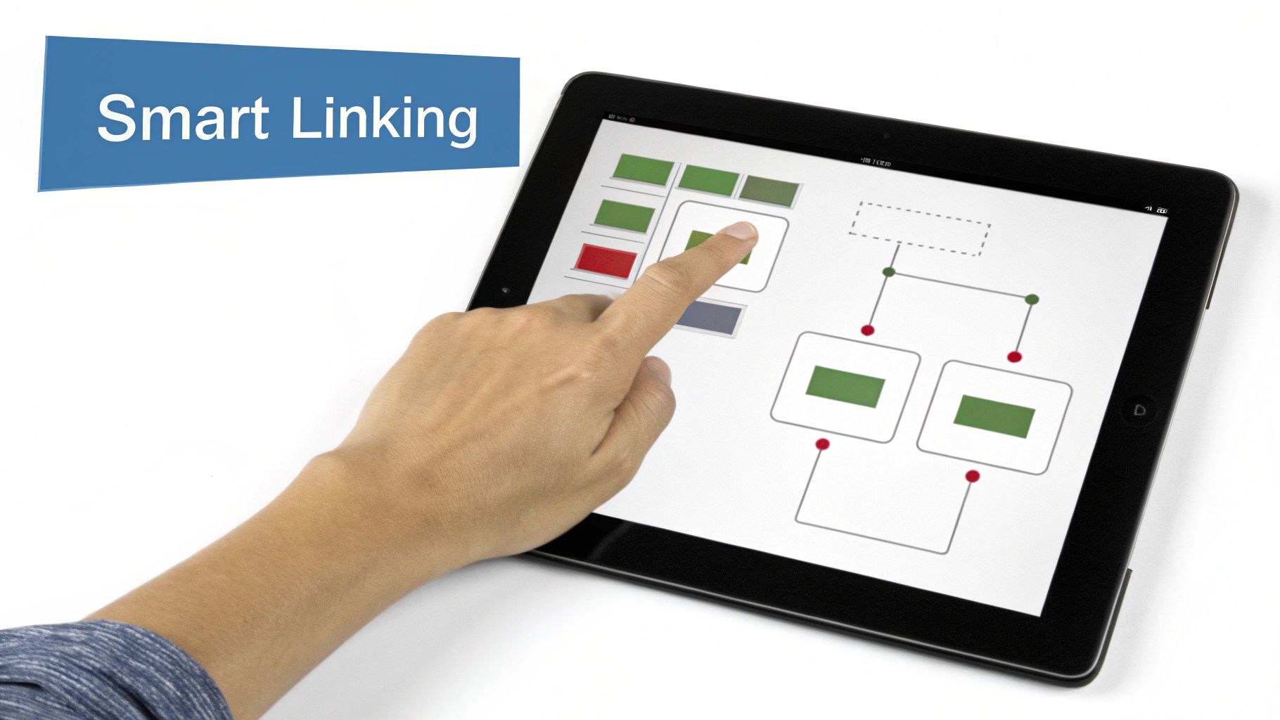 A hand interacts with a tablet displaying a complex diagram related to 'Smart Linking'.