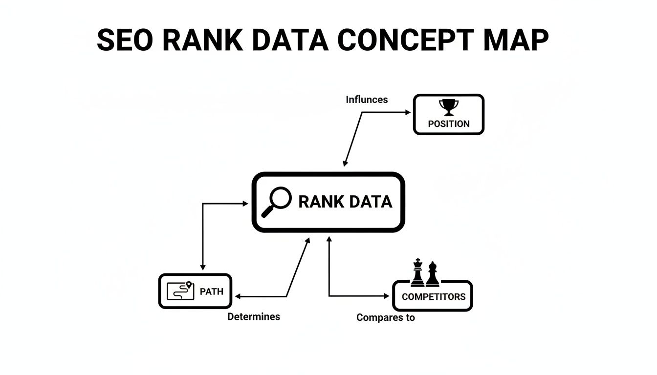 A concept map showing SEO rank data influenced by position, determined by path, and compared to competitors.