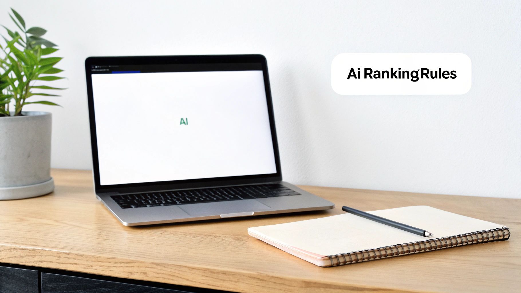 A laptop displaying 'AI' on screen, a notebook, and a pen on a wooden desk, next to 'Ai Ranking Rules' text.