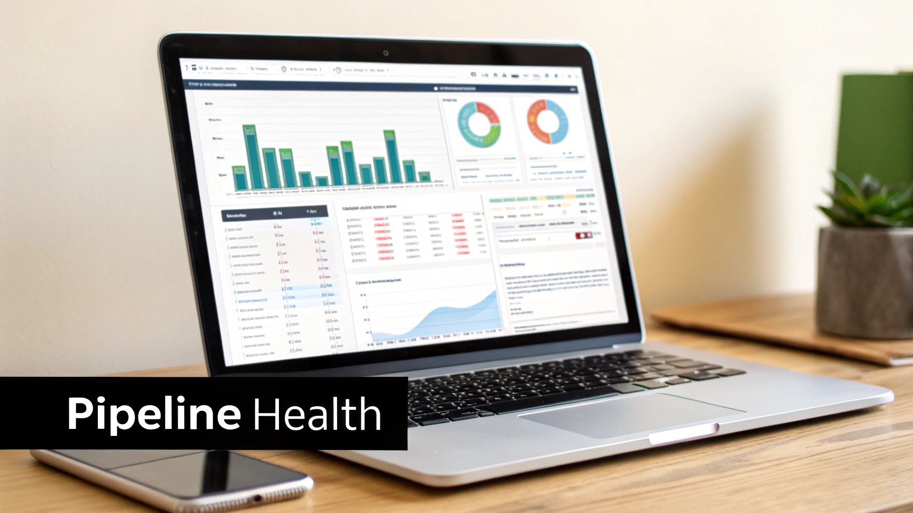 Laptop screen displaying detailed sales pipeline health dashboard with charts, graphs, and data tables.