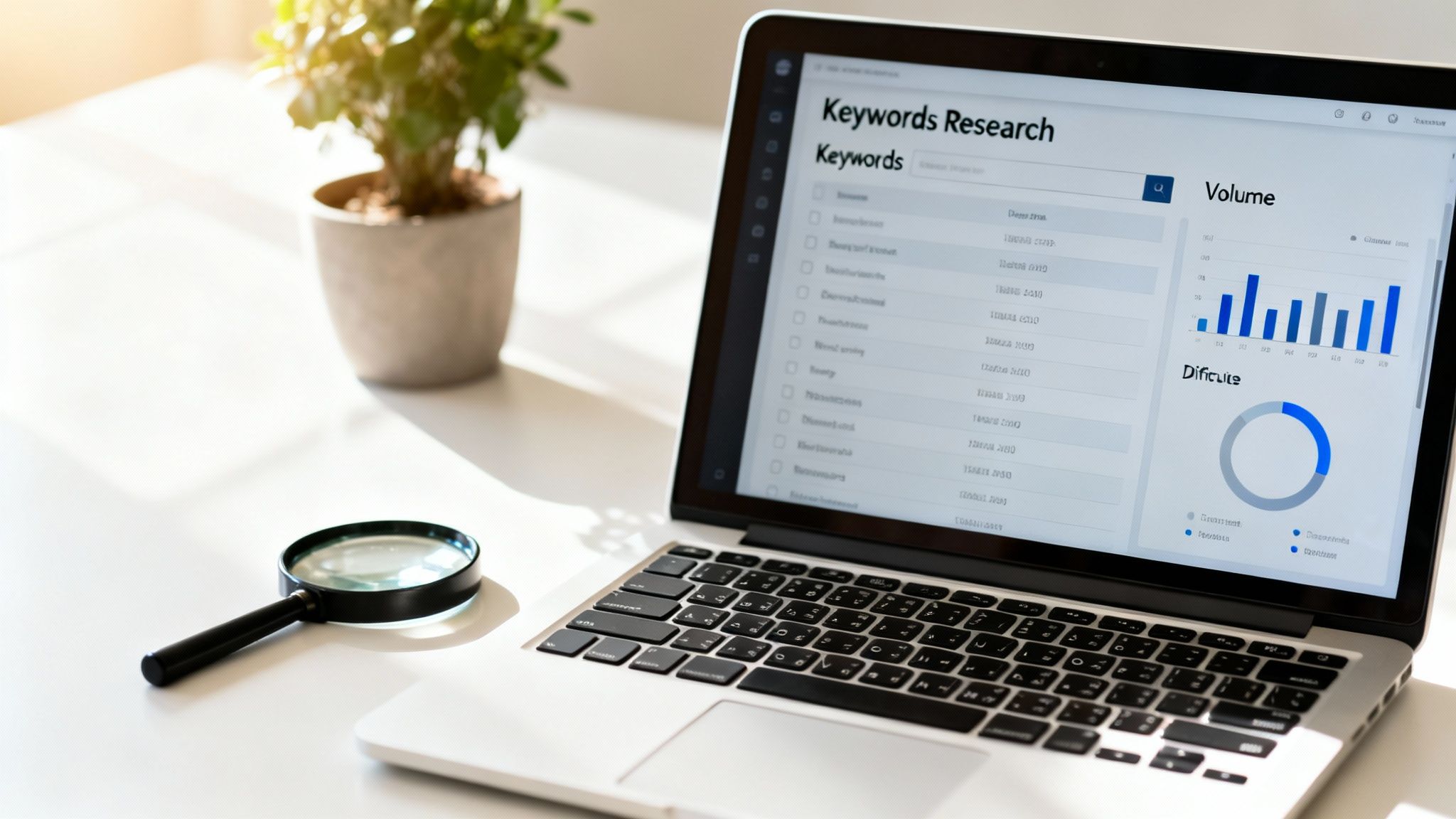 Laptop displaying keyword research software with volume and difficulty charts, next to a magnifying glass.