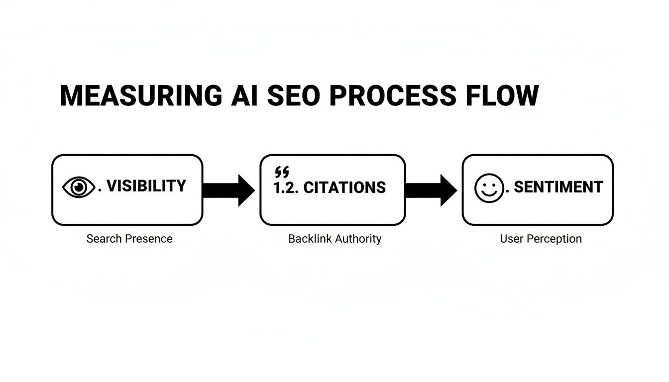 Flowchart detailing AI SEO measurement: search presence, backlink authority, and user perception.