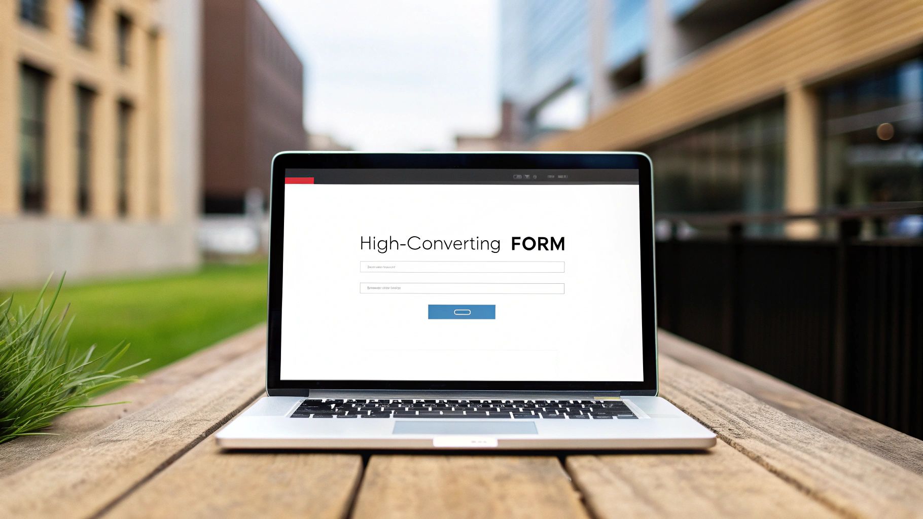 Laptop on a wooden table displaying a 'High-Converting FORM' for login outdoors.