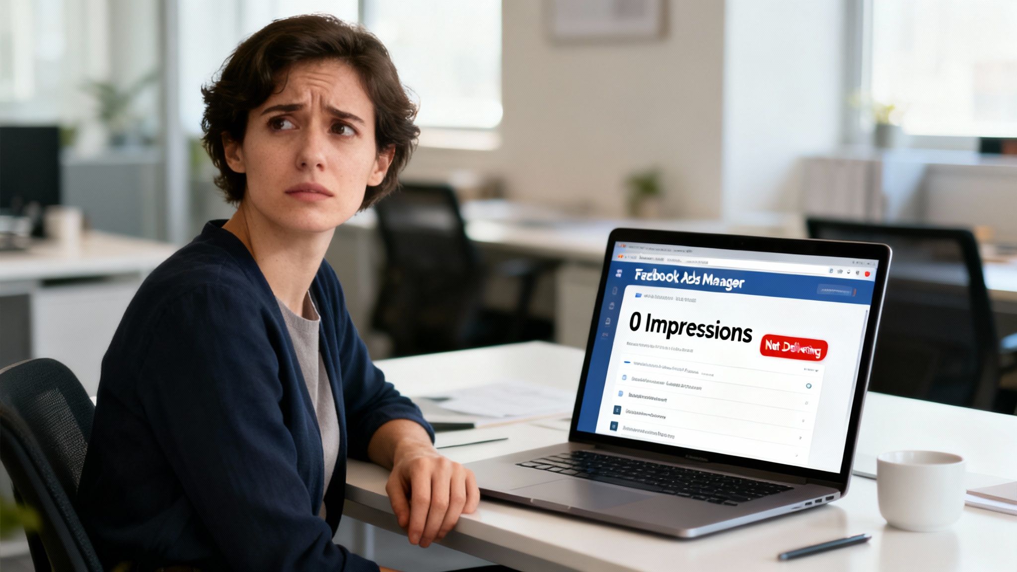 A stressed woman looks at her laptop showing Facebook Ads Manager with '0 Impressions' and 'Not Delivering'.