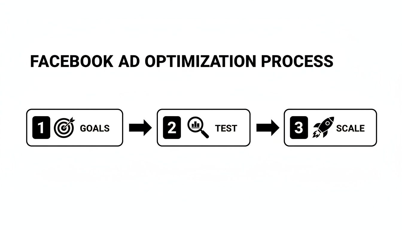 Three-step Facebook ad optimization process: setting goals, testing campaigns, and scaling successful ads.
