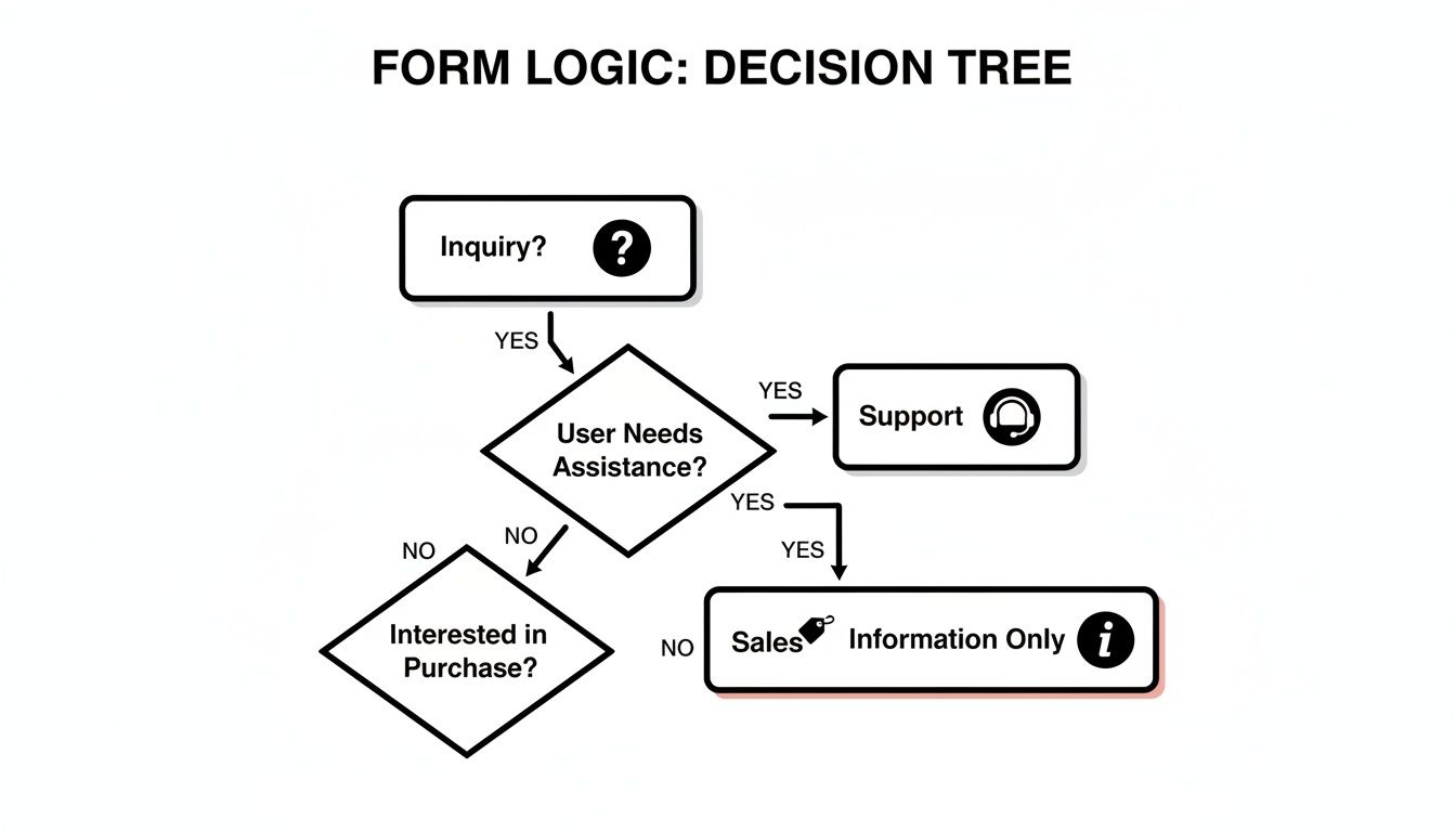 Flowchart detailing form logic decision tree for customer inquiries, leading to support or sales information based on user needs.
