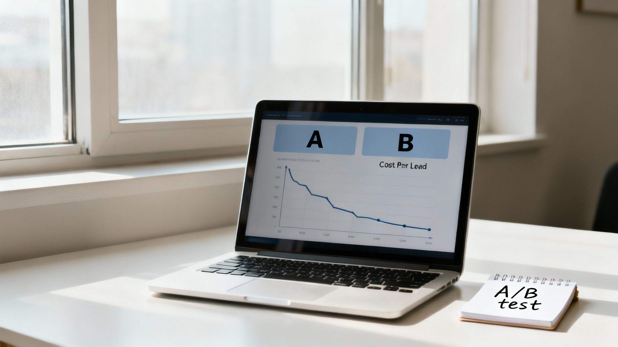 Laptop displaying A/B test results for cost per lead, with a notepad on the desk.