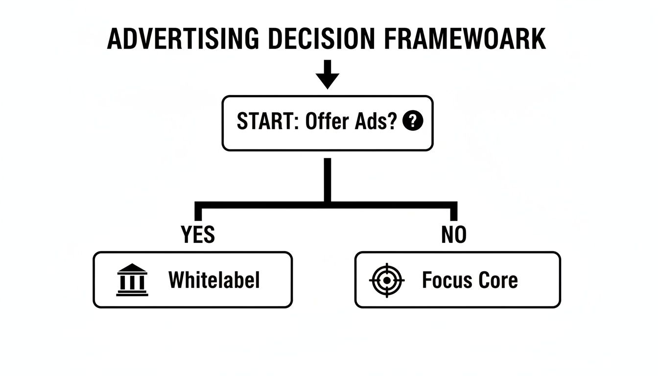 A flowchart illustrates an advertising decision framework: starting with 'Offer Ads?', leading to 'Whitelabel' if yes, or 'Focus Core' if no.