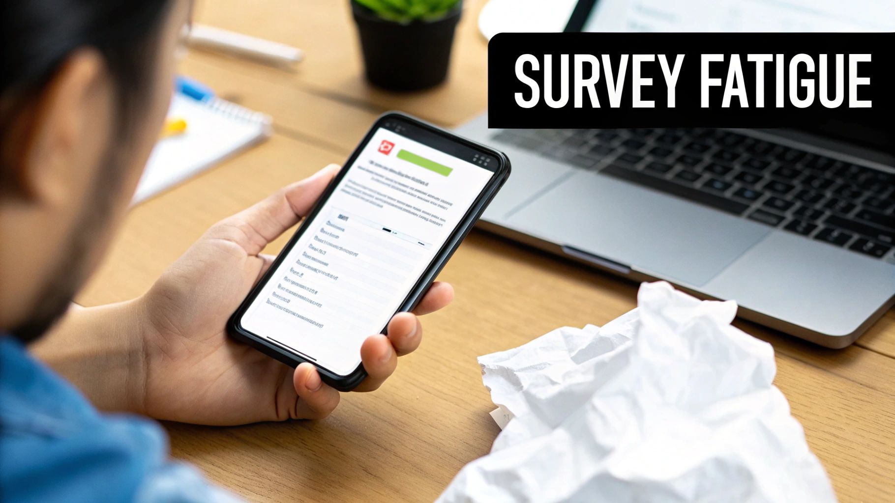 Person experiencing survey fatigue, completing an online feedback form on a smartphone with crumpled paper.