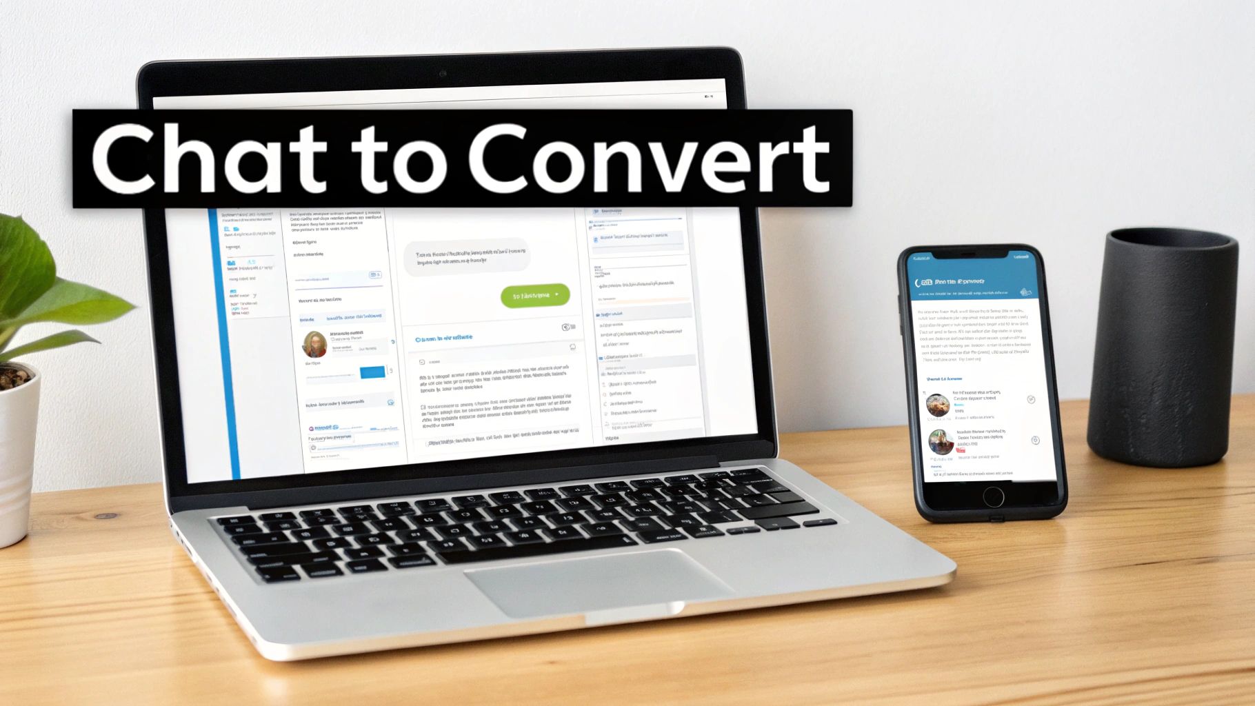A laptop and smartphone display chat interfaces with the prominent text 'Chat to Convert' on a banner.