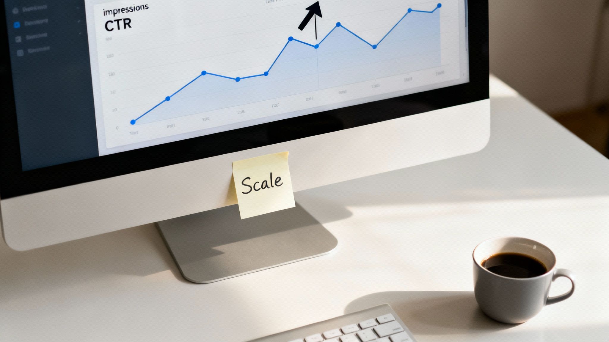 A computer monitor displays a line graph showing impressions and CTR, with a 'Scale' sticky note.