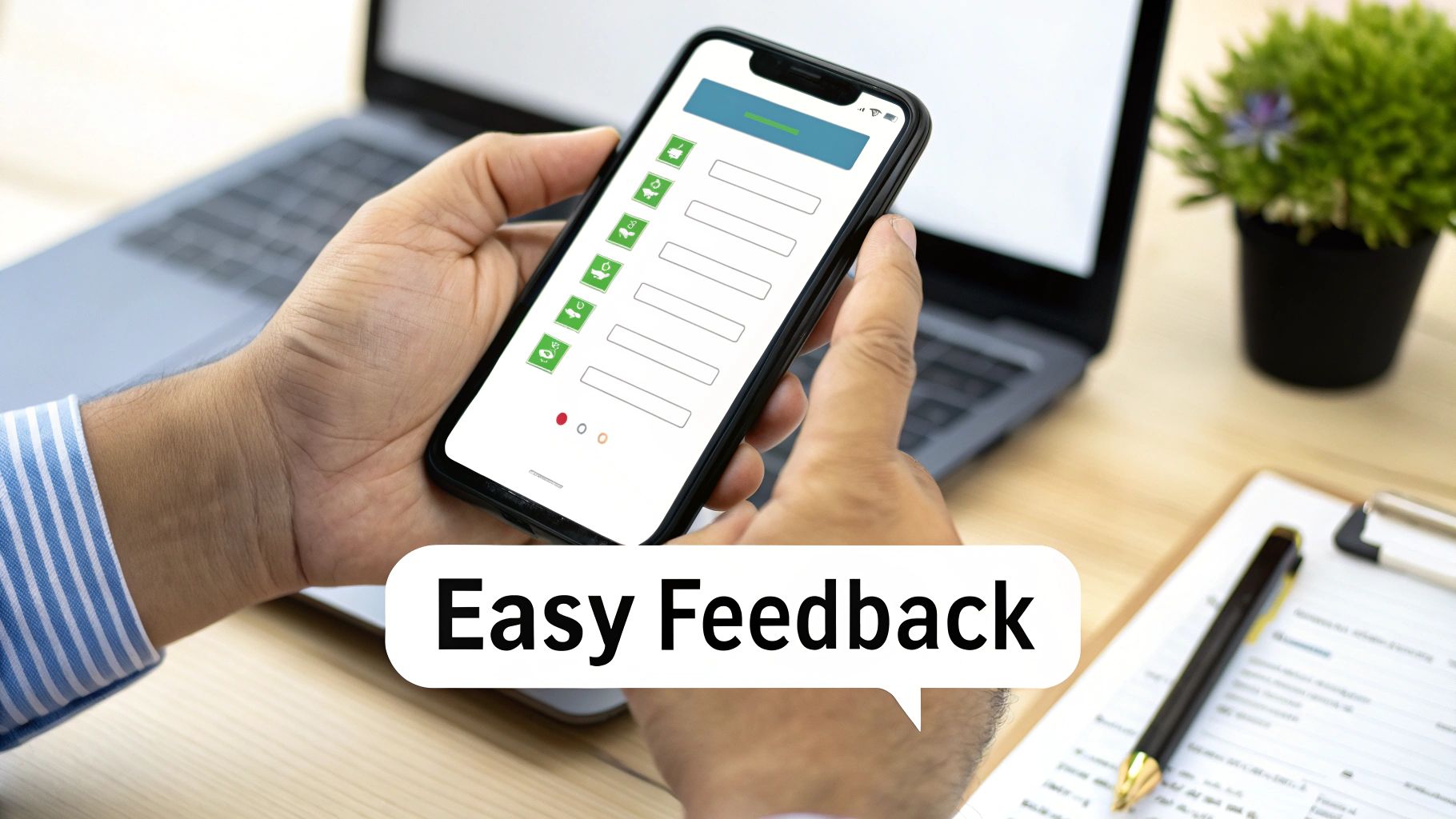 Hands holding a smartphone displaying an 'Easy Feedback' digital form with icons and input fields on a desk.