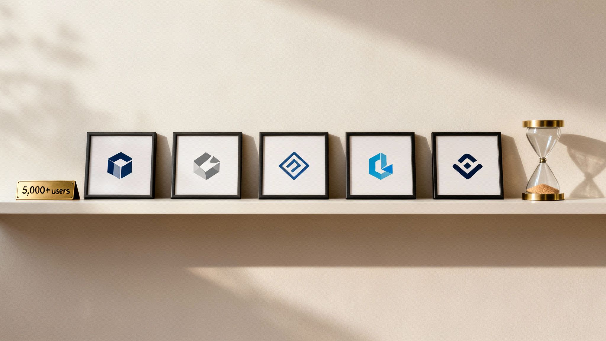Five framed modern logos, a '5,000+ users' plaque, and a golden hourglass on a minimalist shelf.