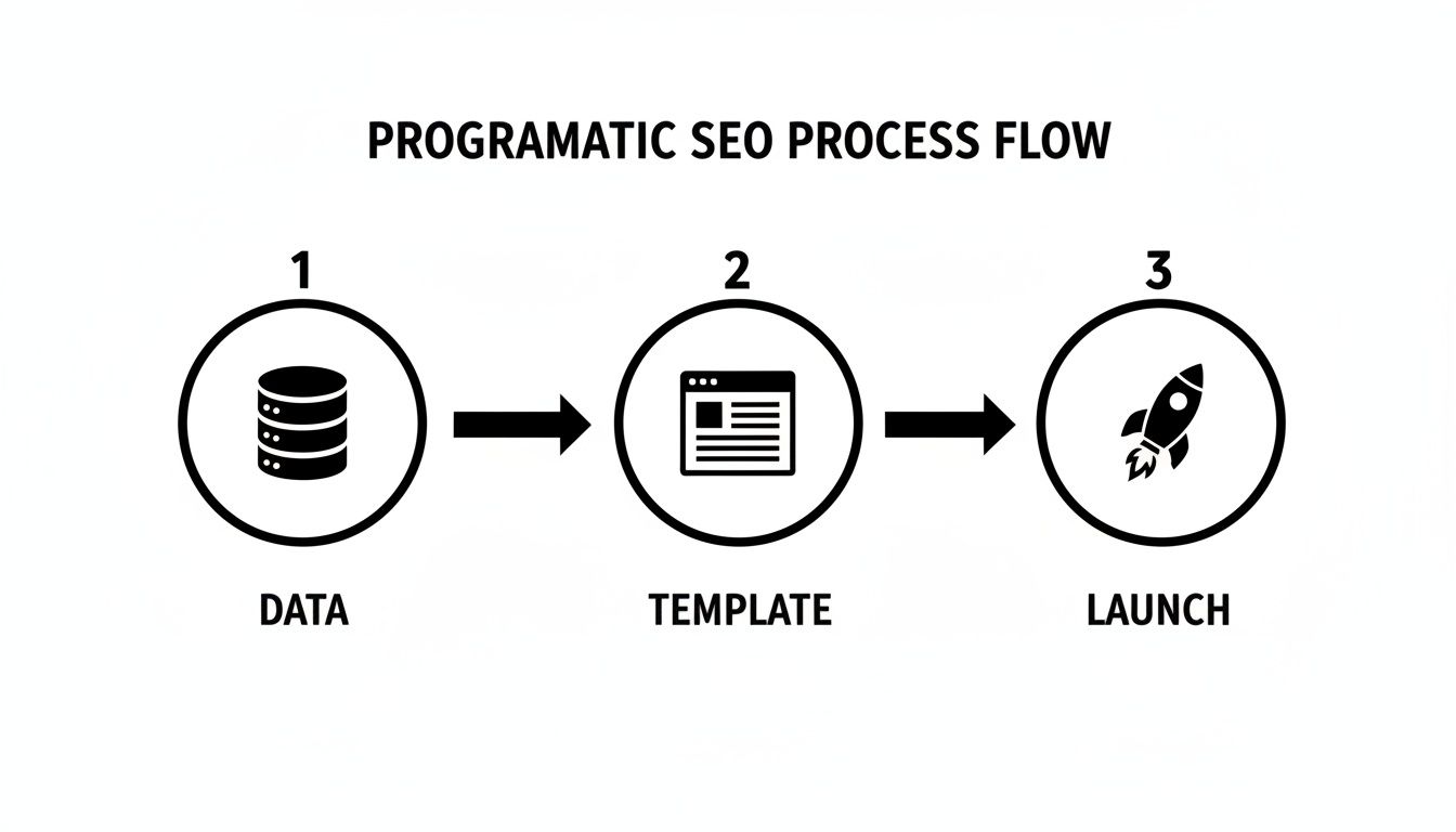 A programmatic SEO process flow diagram showing three steps: Data, Template, and Launch.