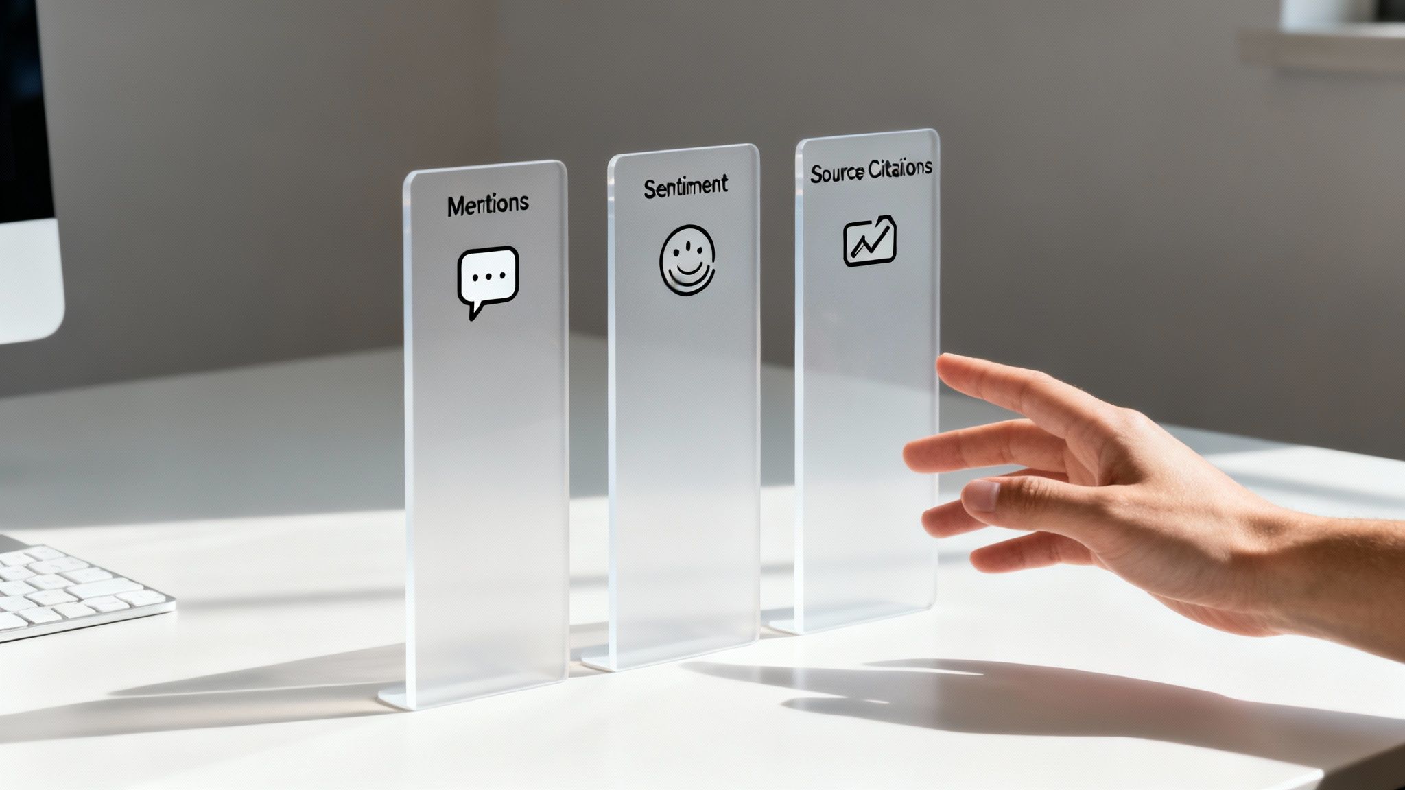 A hand interacts with translucent panels displaying digital metrics like mentions, sentiment, and source citations.
