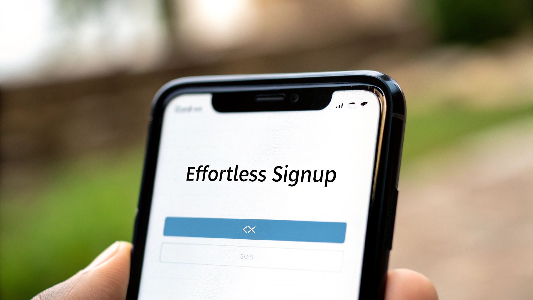 A close-up of a smartphone screen displaying 'Effortless Signup' text and a blue button.