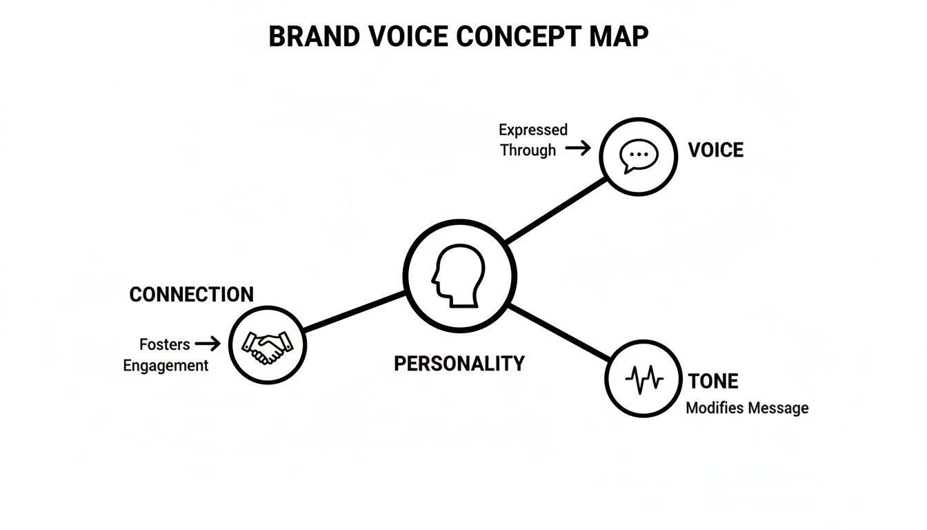 A brand voice concept map illustrating personality as the core, influencing connection, voice, and tone.