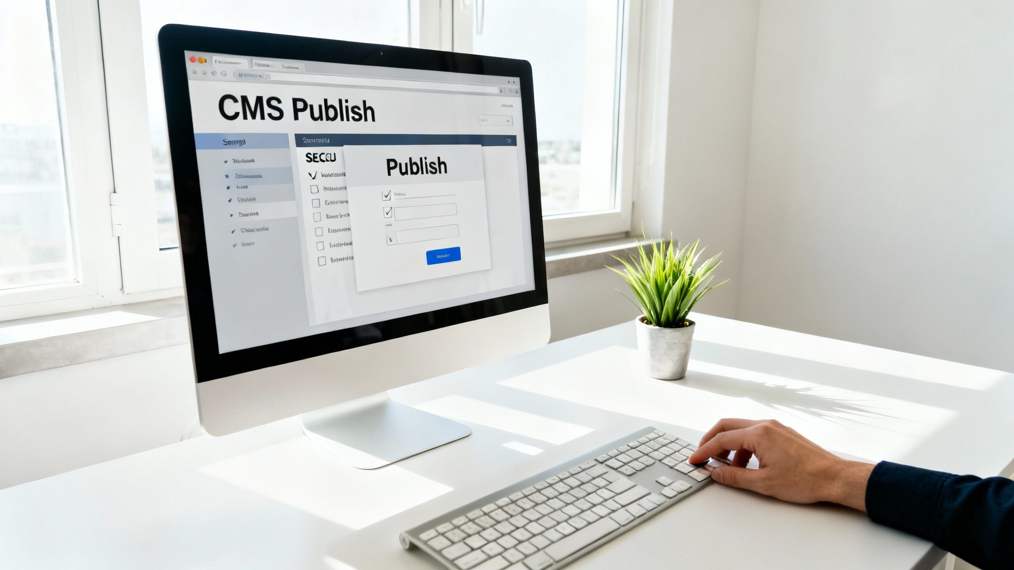 A person's hand typing on a keyboard, viewing a 'CMS Publish' screen on a desktop computer with a plant.