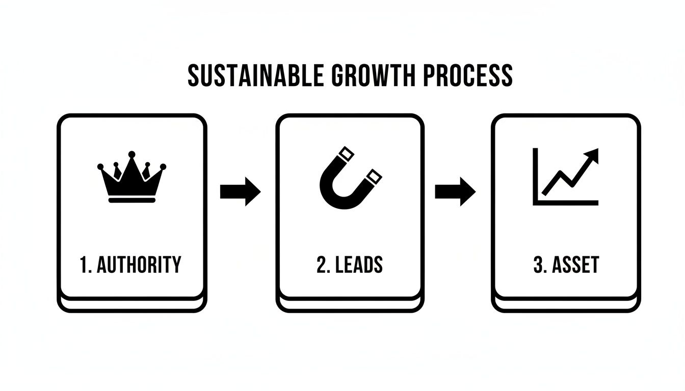 Diagram showing a sustainable growth process: Authority, Leads, and Asset with corresponding icons.