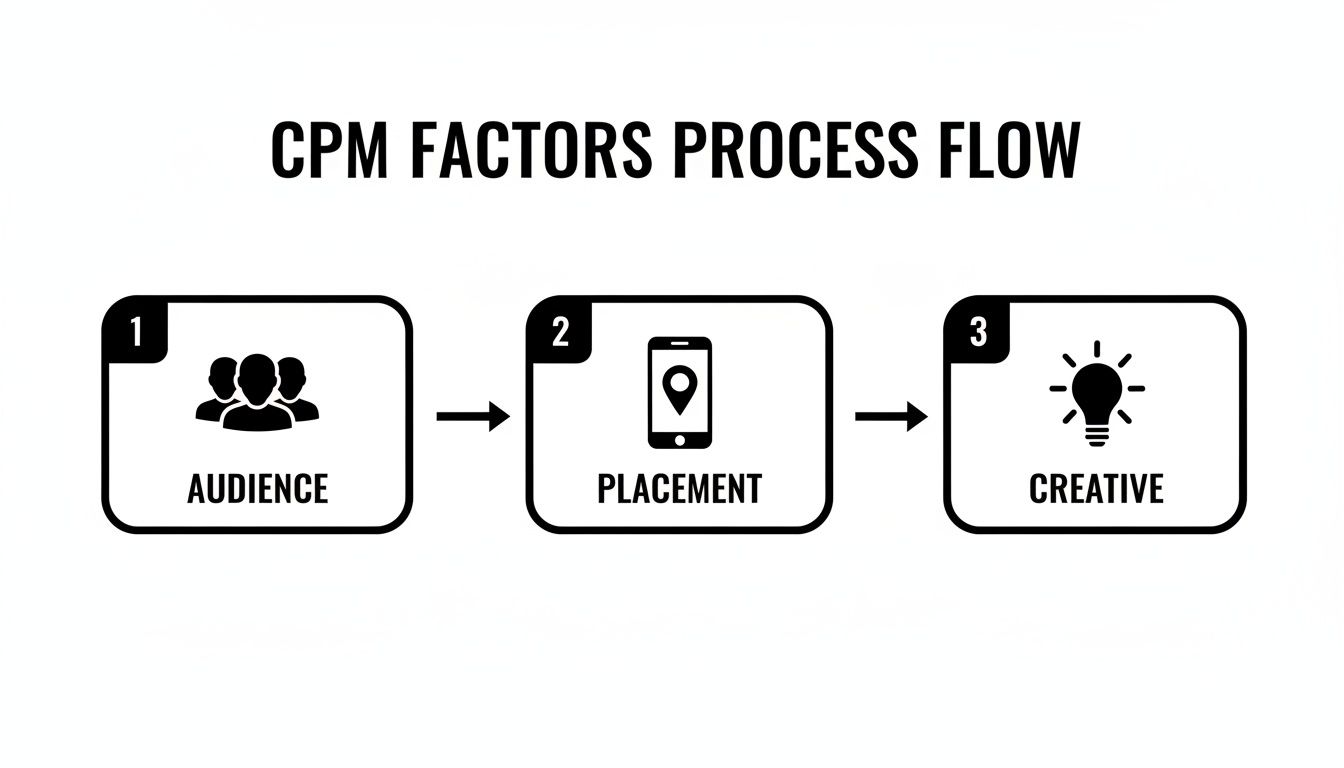 A black and white process flow diagram illustrates CPM factors: Audience, Placement, and Creative.