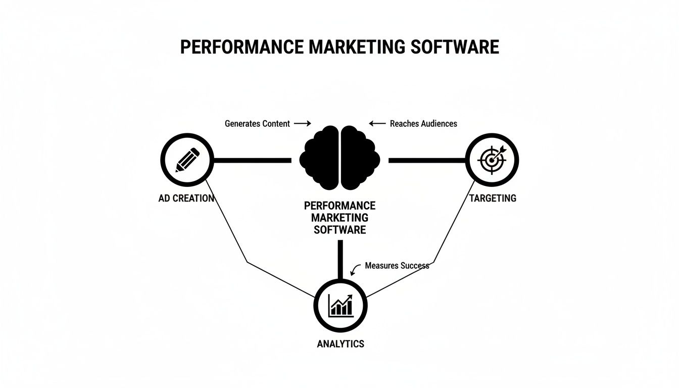 Diagram showing performance marketing software capabilities: ad creation, targeting, and analytics for content, audience, and success measurement.